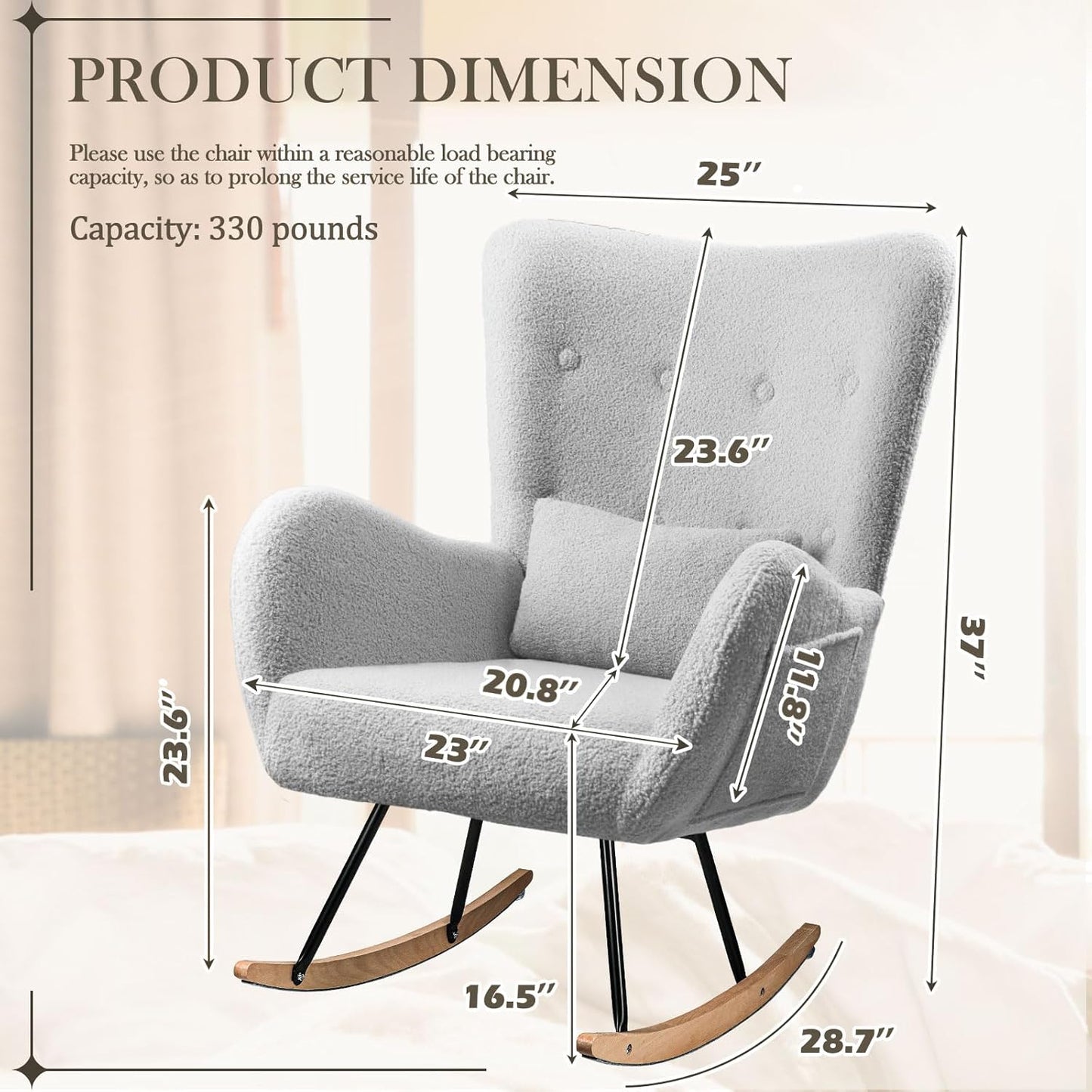 Waleaf Rocking Chair Nursery, Teddy Upholstered Rocking Chair Indoor with High Backrest Glider Accent Chair, Padded Seat Nursing Comfy Chair for Bedroom (Light Gray)