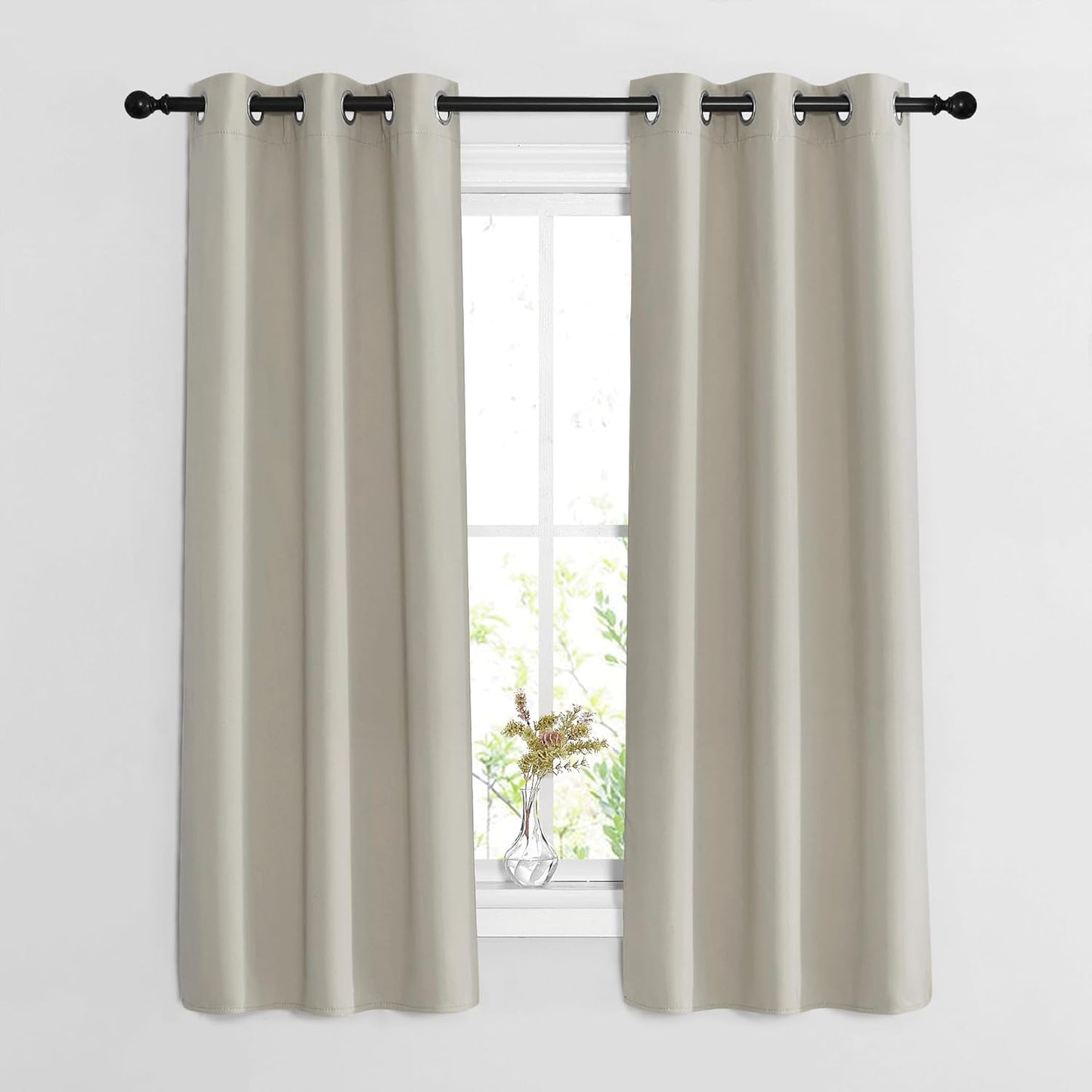 NICETOWN Bedroom Blackout Curtains 63 inches Long - Window Treatment Thermal Insulated Solid Grommet Room Darkening Voice Reducing Drapes for Living Room (Natural, Set of 2, W37 x L63)