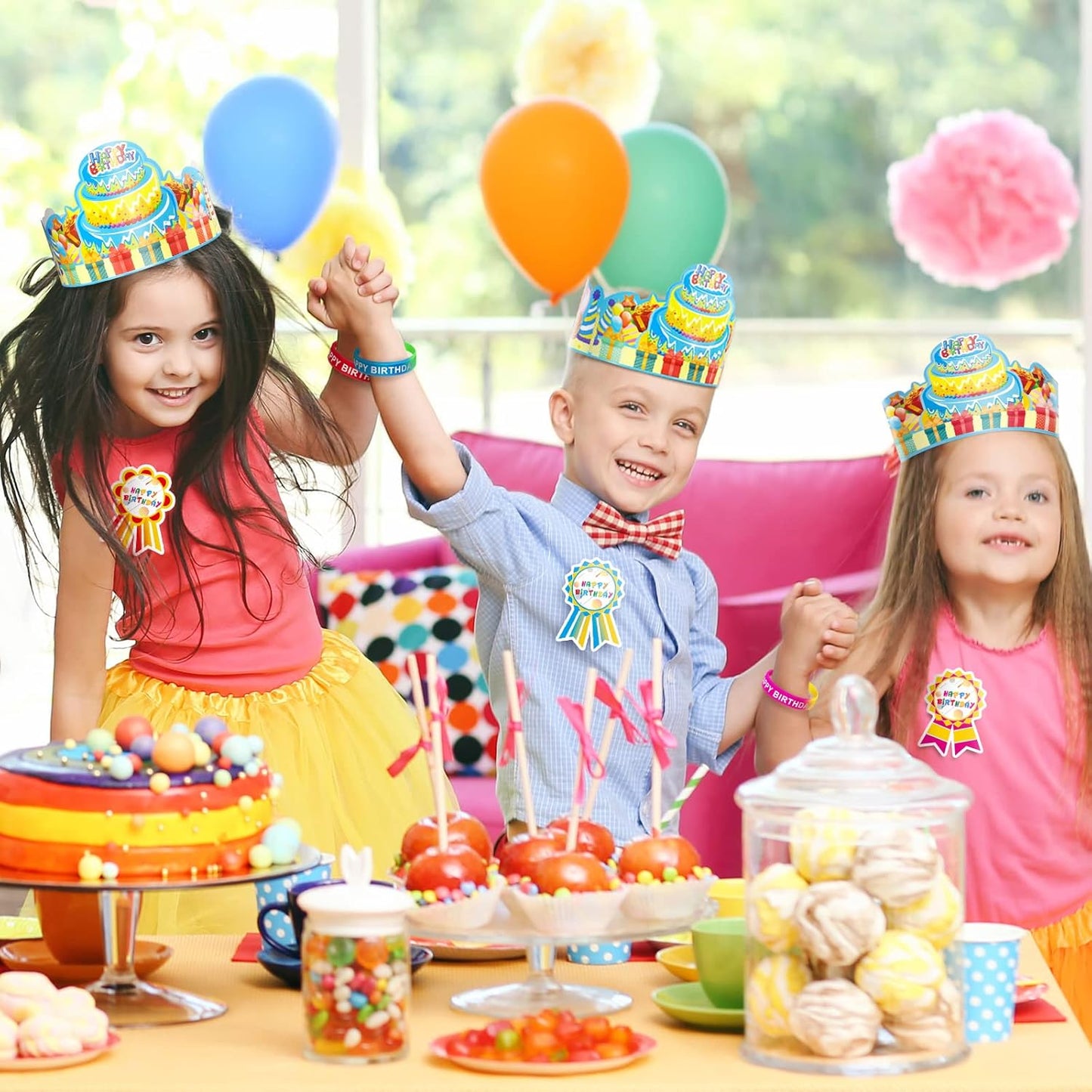 90 Pcs Happy Birthday Kits for Kids Classroom, Include Happy Birthday Crowns, Silicone Stretches, Badge Stickers, Students Kindergarten Birthday Party Hats for School Teacher Classroom Party Supplies