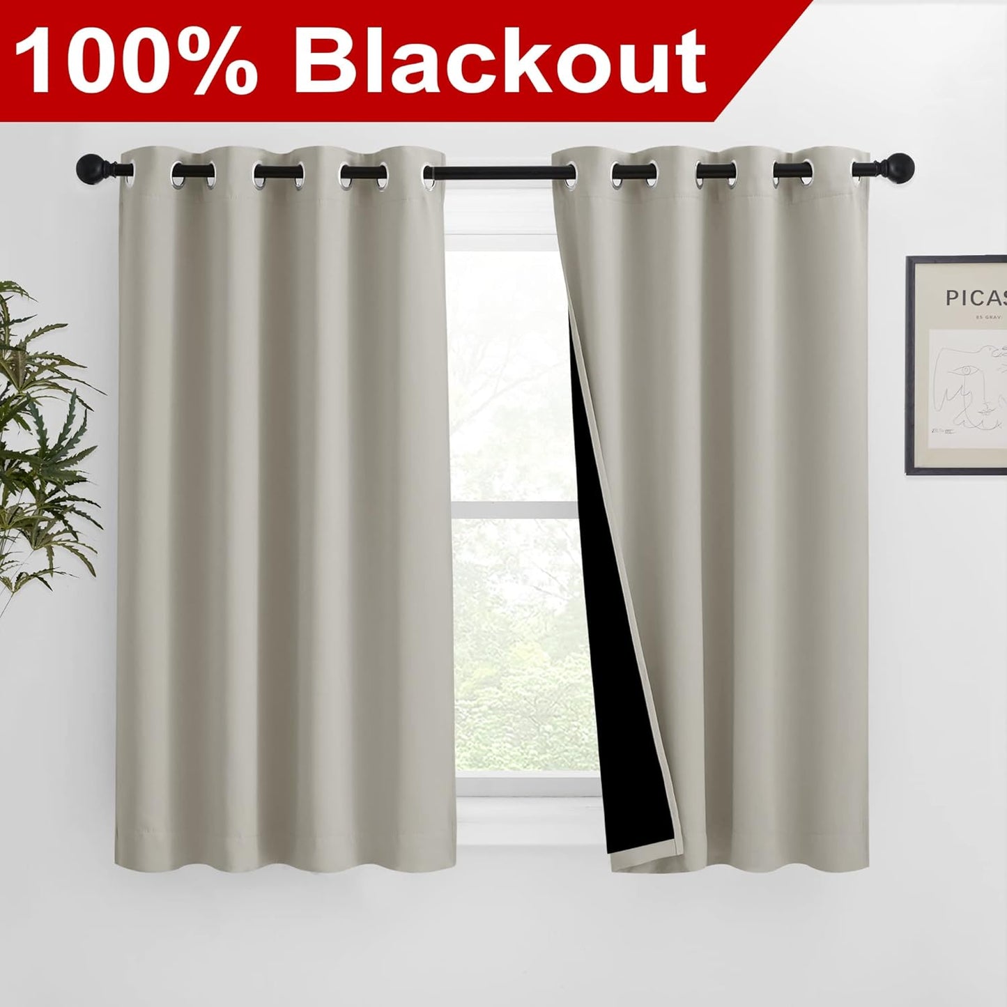 NICETOWN 100% Blackout Curtains 54 inches Long, Double-Deck Completely Blackout Window Treatment Thermal Insulated Lined Drapes for Small Window (Natural, 1 Pair, 46 inches Width Each Panel)