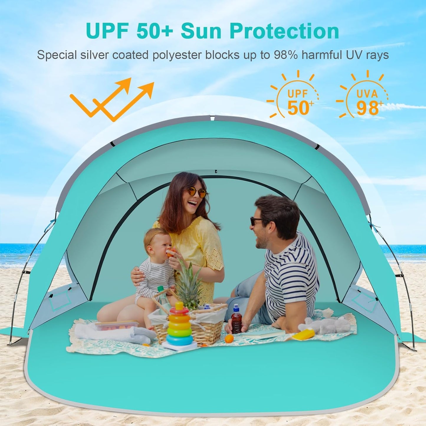 Gorich Beach Tent Sun Shelter with UPF50+ UV Protection for 3/4-5/6-7 Person, Lightweight & Portable Beach Shade Canopy with 2 Zippered Doors, Easy Setup Family Beach Umbrella
