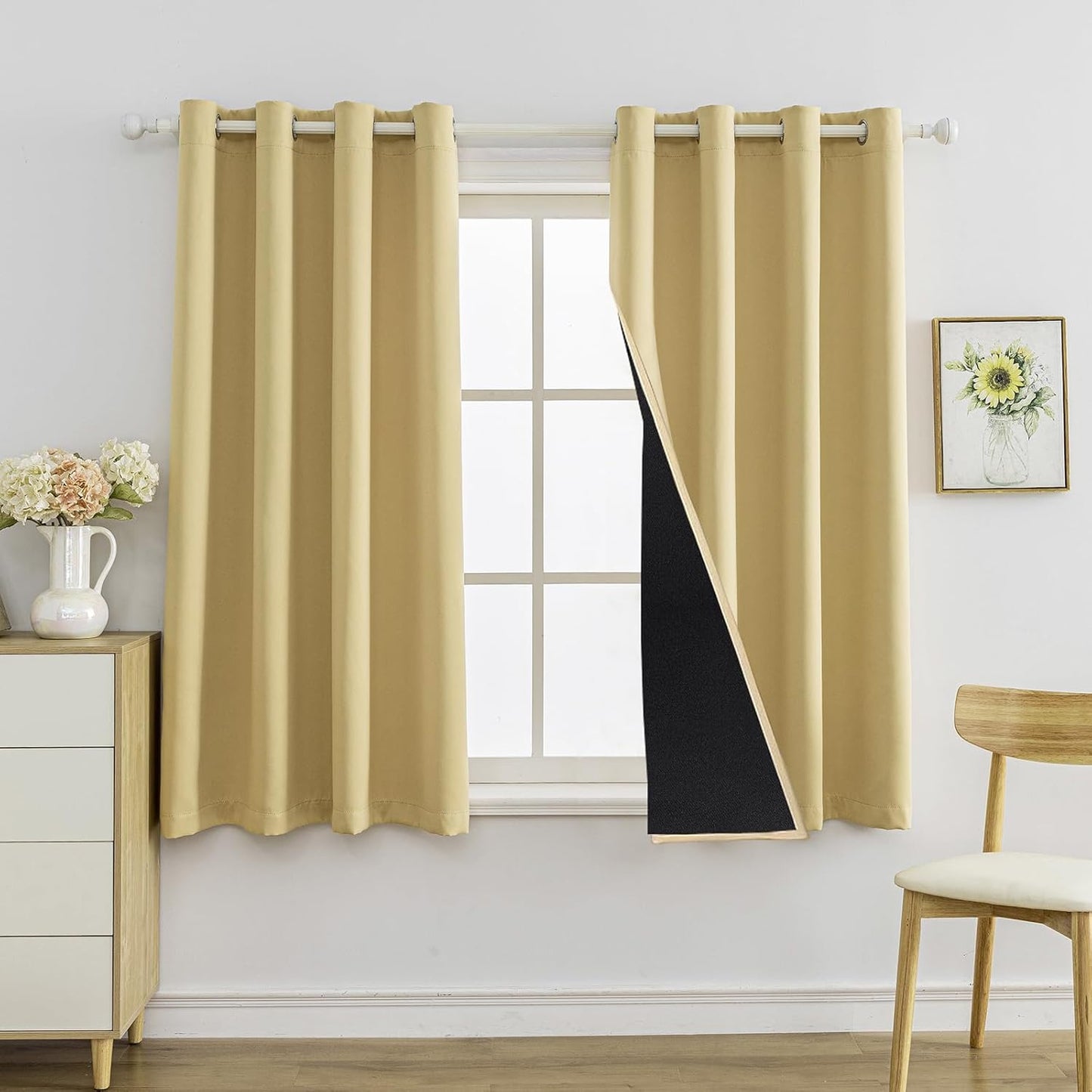 Anytime 100% Blackout Curtain Set, Thermal Insulated & Energy Efficiency Window Draperies for Guest Room, Full Shading Panels for Shift Worker and Light Sleepers（Beige, 2 Panels, 52W x 45L）