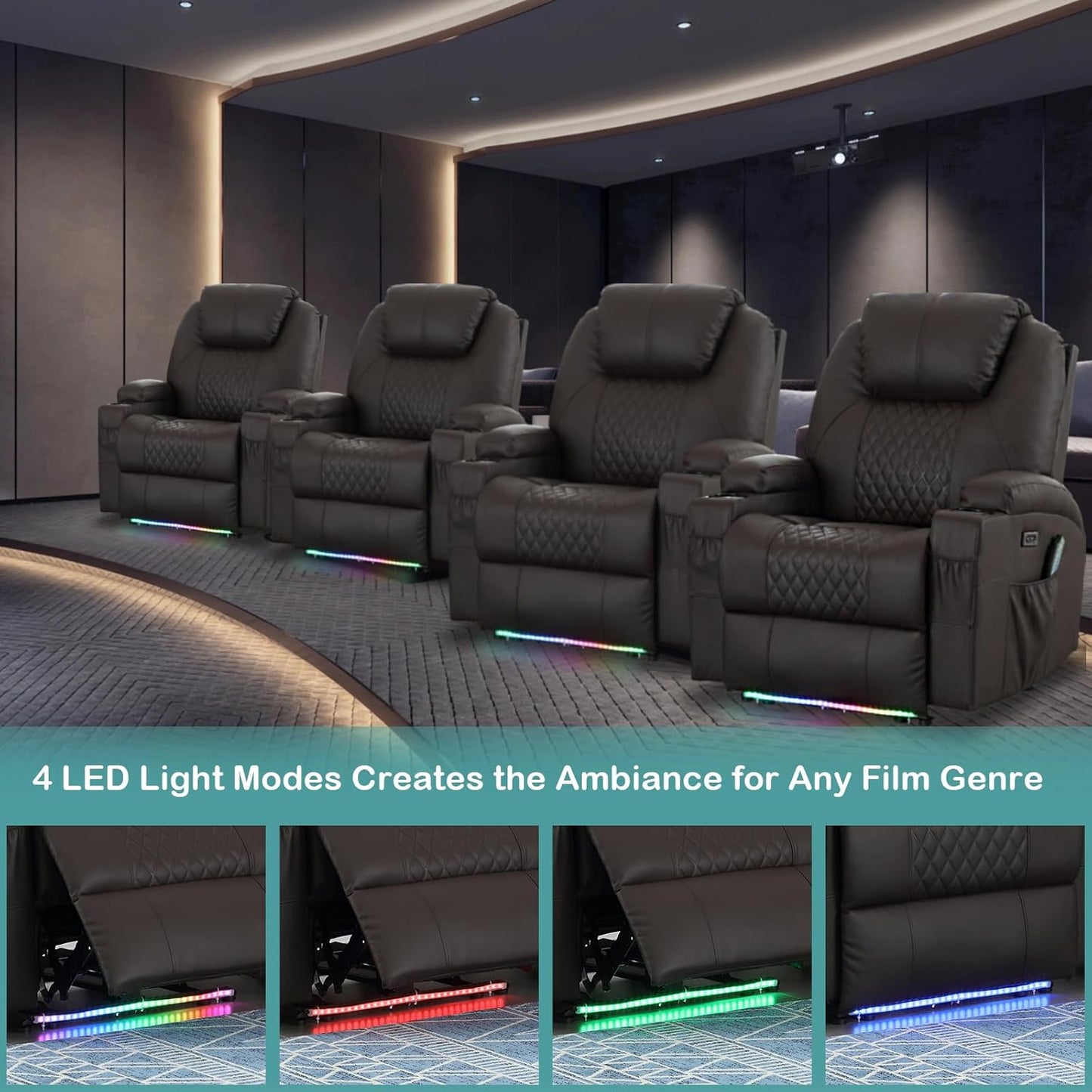 Power Recliner Chair with Heat and Massage for Adults - Home Theater Seating with LED Lights,Cup Holders,Side Pocket,USB Port - Recliner Sofa for Living Room(Brown, Single Recliner)