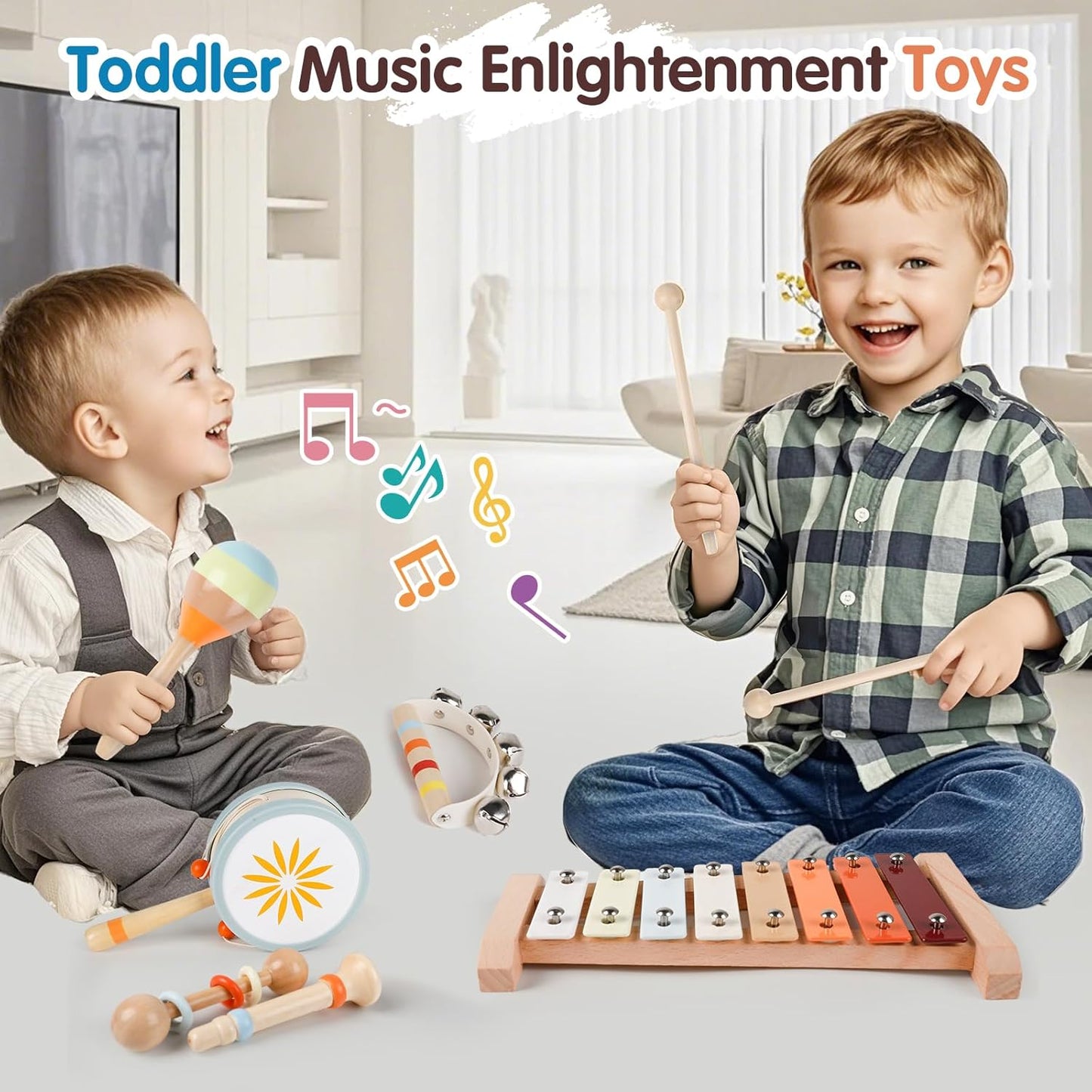 Toddler Musical Instruments-Montessori Wooden Educational Toys for Toddlers 1-3 Baby Musical Instruments Neutral Color Musical Instruments Set with Xylophone Maracas Bell Birthday Gift for Ages 1 2 3