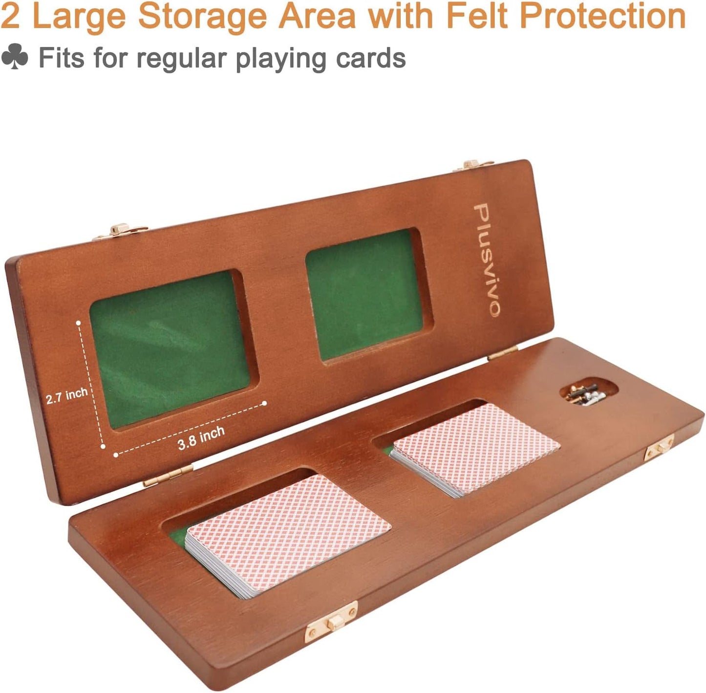 Cribbage Board Game Set 3 Tracks, Plusvivo Solid Oak Wood Cribbage Boards Unique with 9 Metal Pegs & 2 Storage Area, 15.5 X 4.9 X 1.2 in Travel Portable Cribbage Game Sets for Family