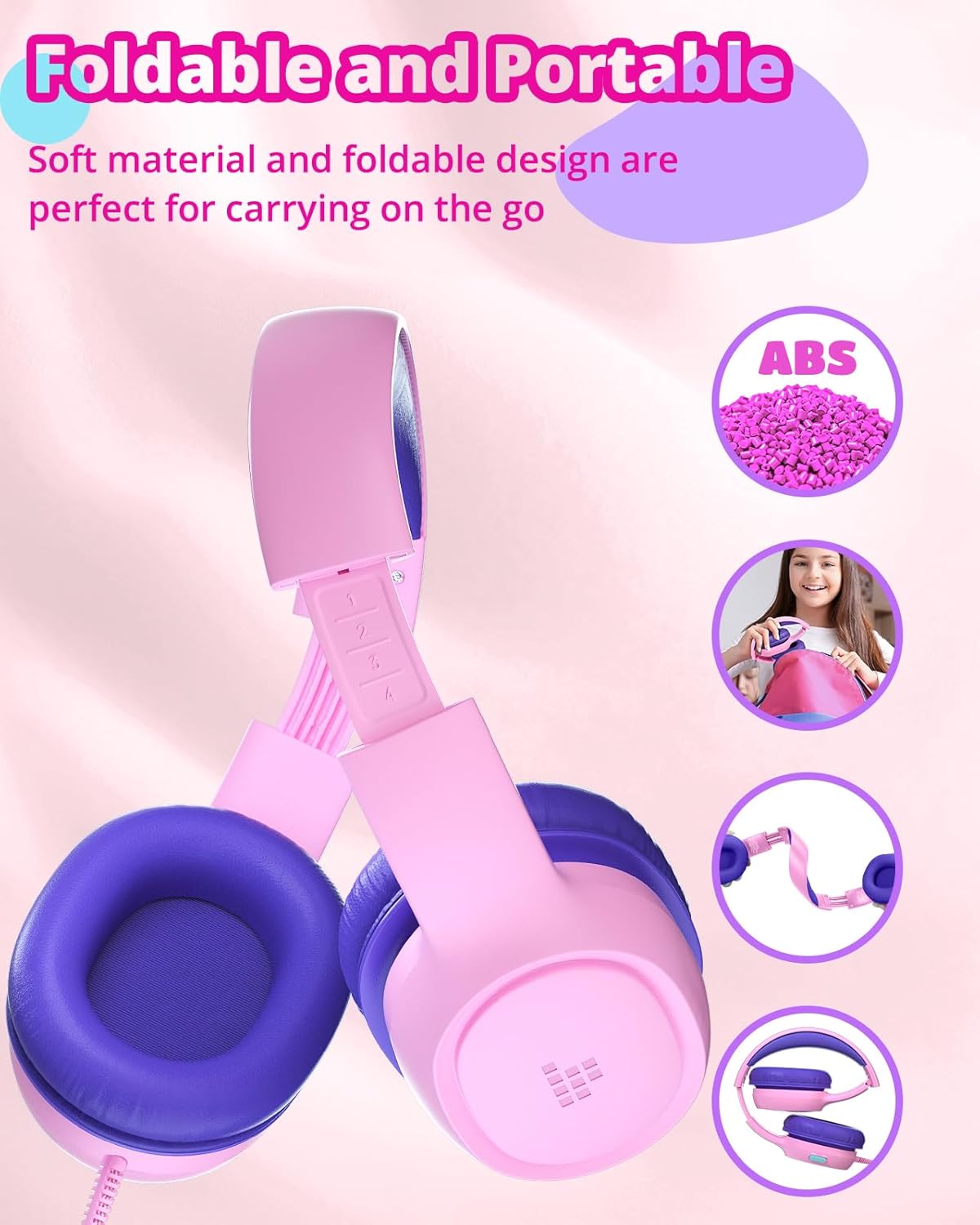 Tronsmart KH01 Kids Headphones - Foldable Over-Ear With Safety Volume 85/93dB, HD Stereo, 3.5mm Jack for Boys/Girls/School/Kindle/Travel/Tablets (Pink)