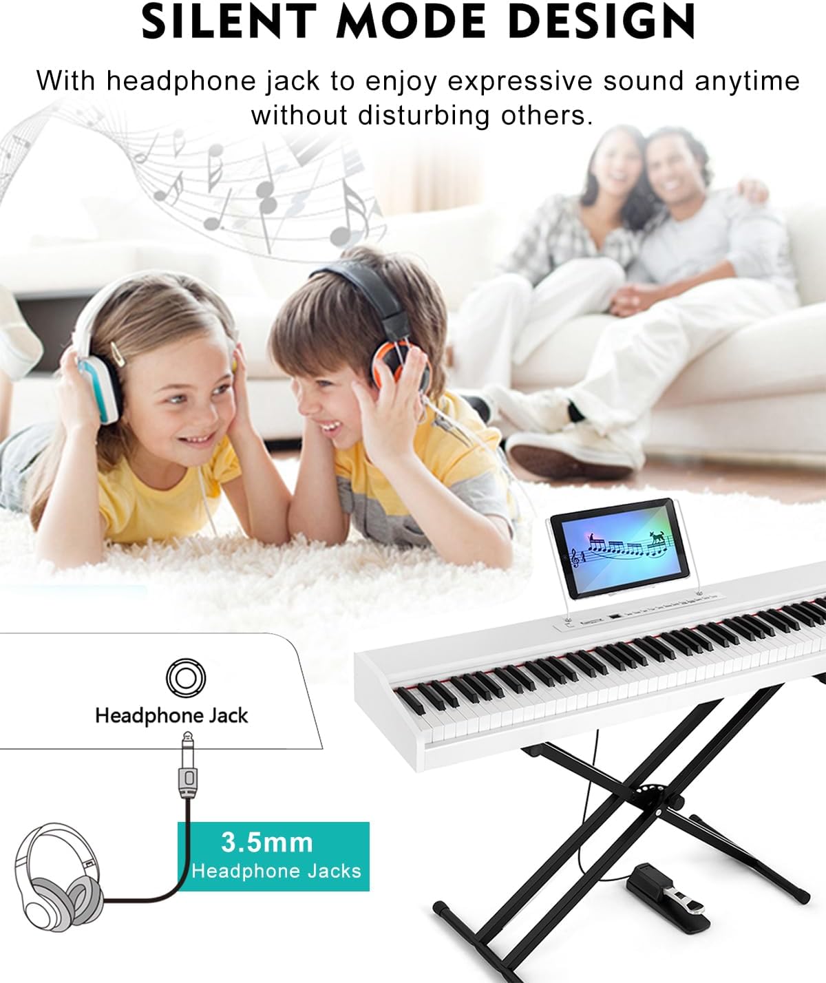 MUSTAR Digital Piano 88 Key Weighted with Stand, 88 Key Semi Weighted Keyboard Piano MEP-1000, Portable Electric Piano Keyboard 88 Keys with Bluetooth Connection, Case, Sustain Pedal, MDF, White