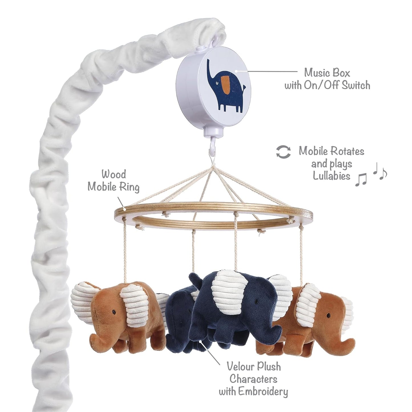 Lambs & Ivy Playful Elephant Blue/White Musical Baby Crib Mobile Soother Toy