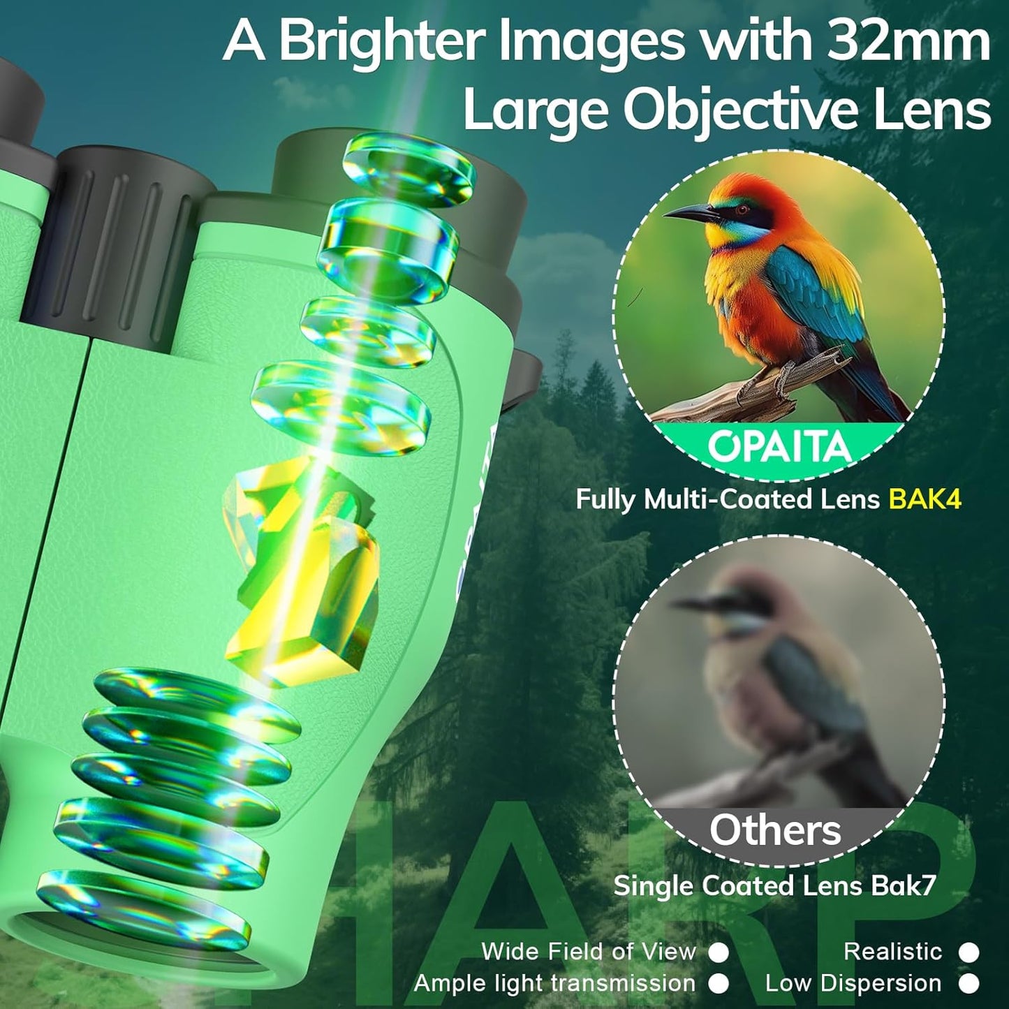 Compact Binoculars for Adults High Powered - OPAITA 20x32 Small Binoculars for Adults Kids with Low Light Vision for Hunting Cruise Ship Travel Concert Hiking Light Green