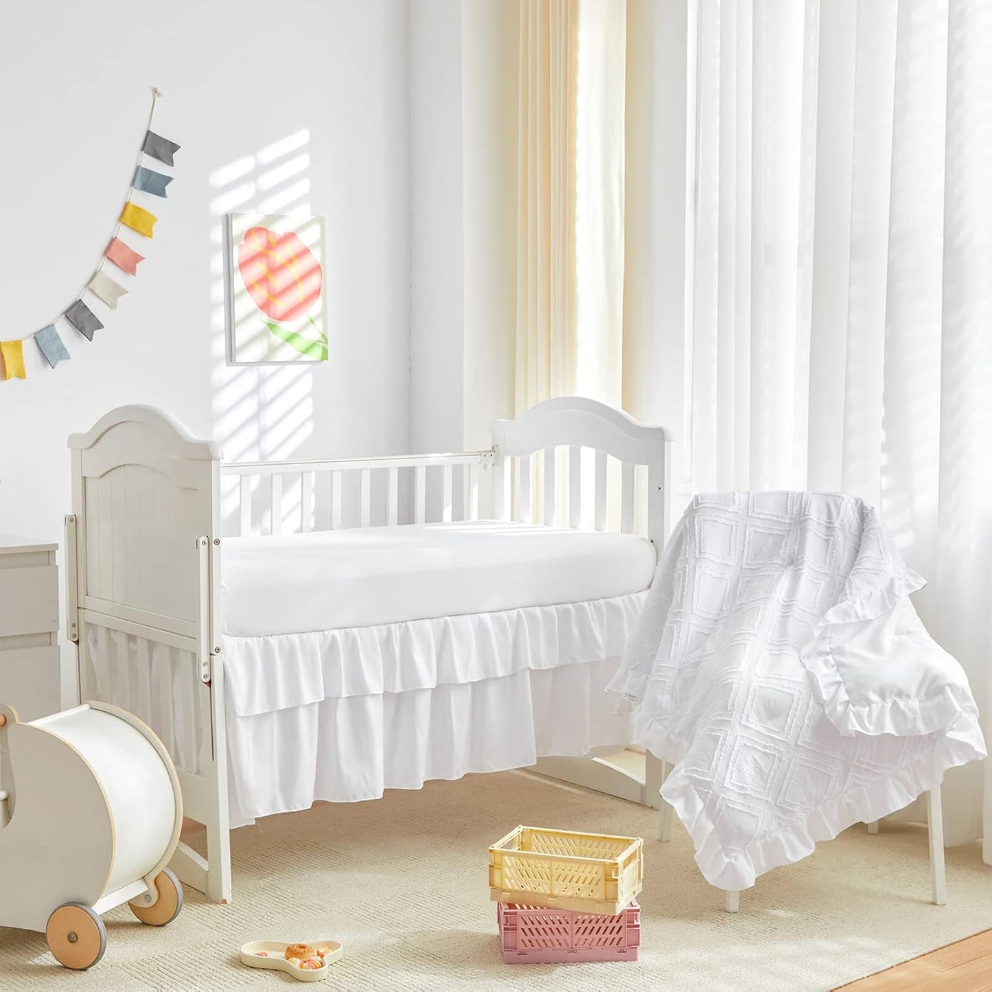 Mini Crib Bedding Set 3 Pieces Baby Boho Quilted Tufted Ruffles Comforter with Fitted Sheet and Ruffled Bed Skirt - Cute Shabby Baby Bedding Fits Mini Crib Only White