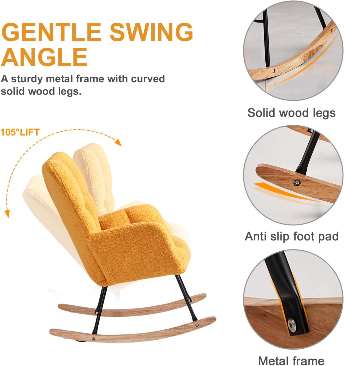 Nursery Rocking Chair, Teddy Fabric Upholstered Glider Rocker with High Backrest, Modern Rocking Accent Chairs Comfy Side Chair for Nursery, Bedroom, Living Room (Yellow)