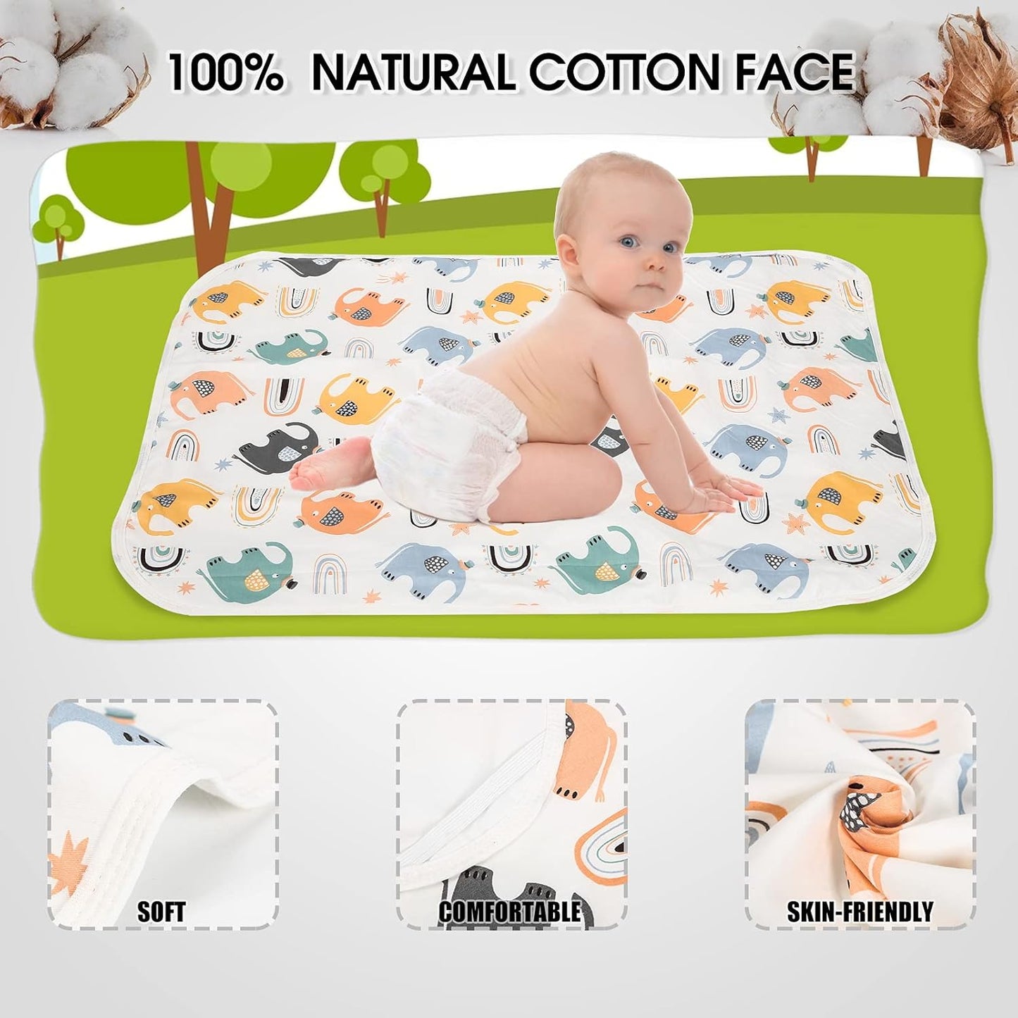 Baby Diaper Changing Pad, 21 5/8" x 31.5" Waterproof Changing Pad Liners - Reusable Soft and Absorbent Portable Changing Mat(Elephant1PCS)