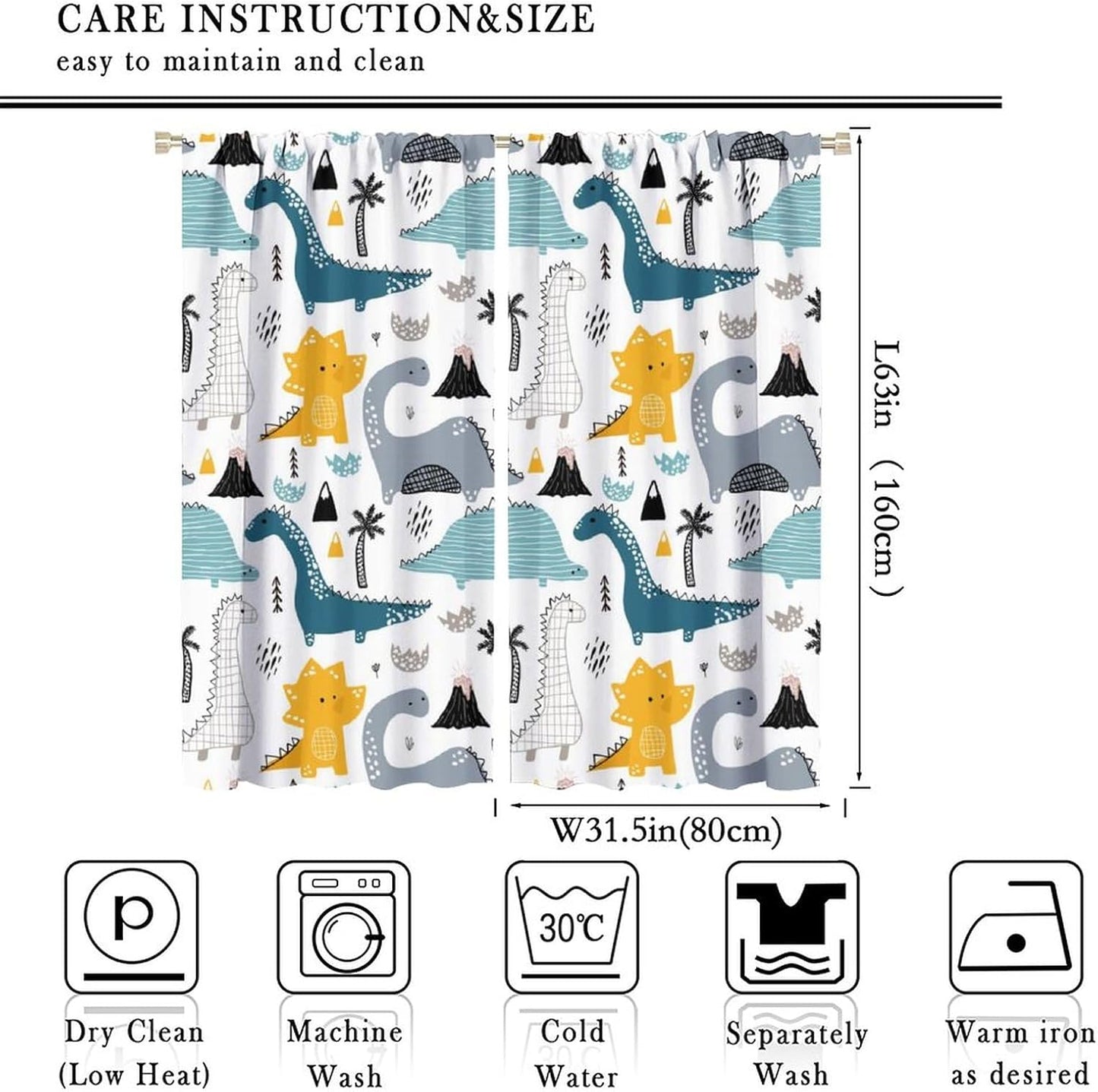 Kids Dinosaur Curtains for Boy Girl Bedroom Decor Cartoon Dino Colorful Cute Funny Wildlife Animal Printed Blackout Rod Pocket Window Drapes for Baby Nursery Playroom Living Room W31.5xL63in 2 Panels