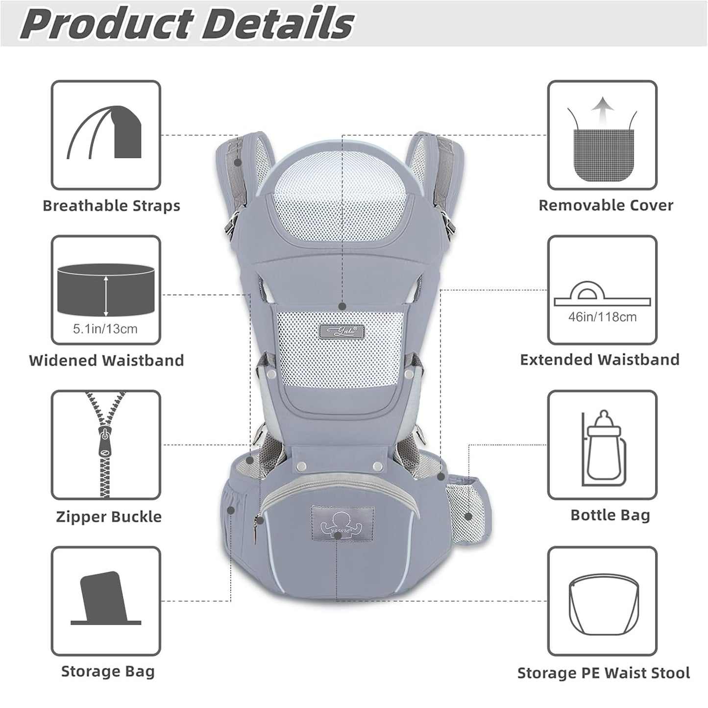 Baby Carrier Ergonomic Infant Carrier with Hip Seat Kangaroo Bag Soft Baby Carrier Newborn to Toddler 7-45lbs Front and Back Baby Holder Carrier for Men Dad Mom (Grey)