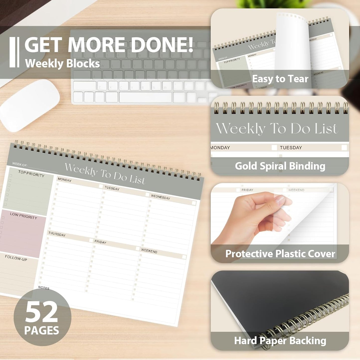 Weekly To Do List Notepad, Undated Planner with 52 Sheets (8.5''x11''), Desk Weekly Planner for Women & Man, Home School & Work (A-Green)