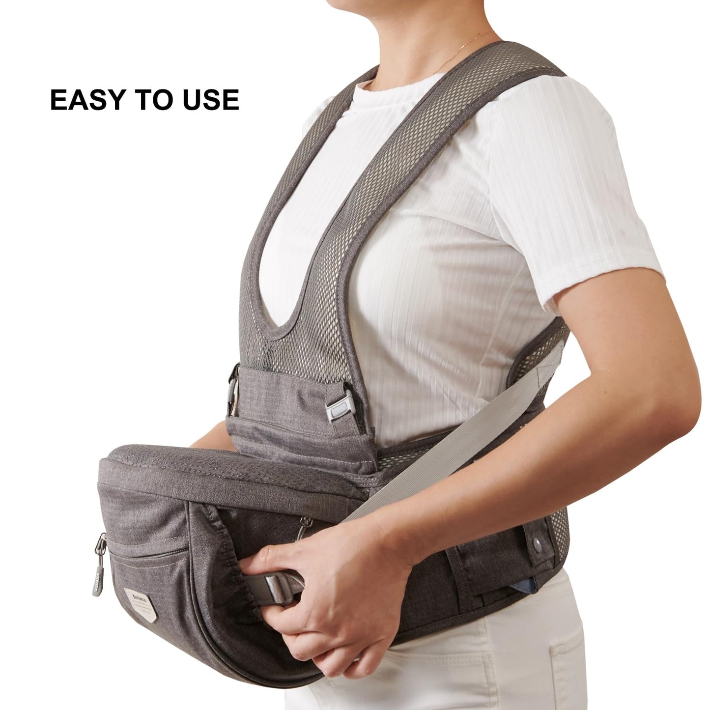 Sunveno Ergonomic Hip Seat Baby Carrier with Detachable Double Shoulder Straps, Waist & Back Relief, Breathable Mesh, Non-Slip Seat + Storage Pockets, Fits Infants & Toddlers 0-36 M up to 45 lbs
