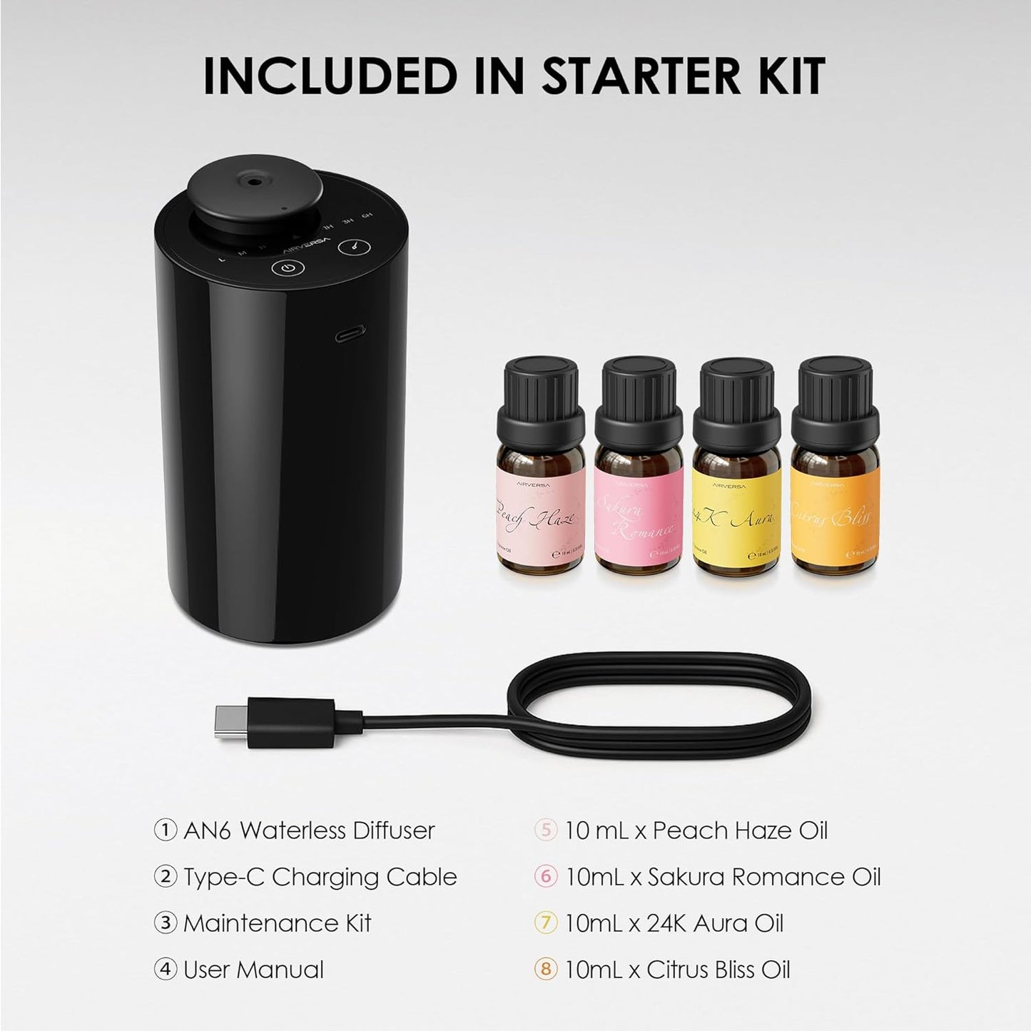 Waterless Essential Oil Diffuser Starter Kit with 4 x 10mL Fragrance Scent Oil, Battery Operated Mini Scent Air Machine Portable Diffuser for Home Car Office, AN6 Black Kit01