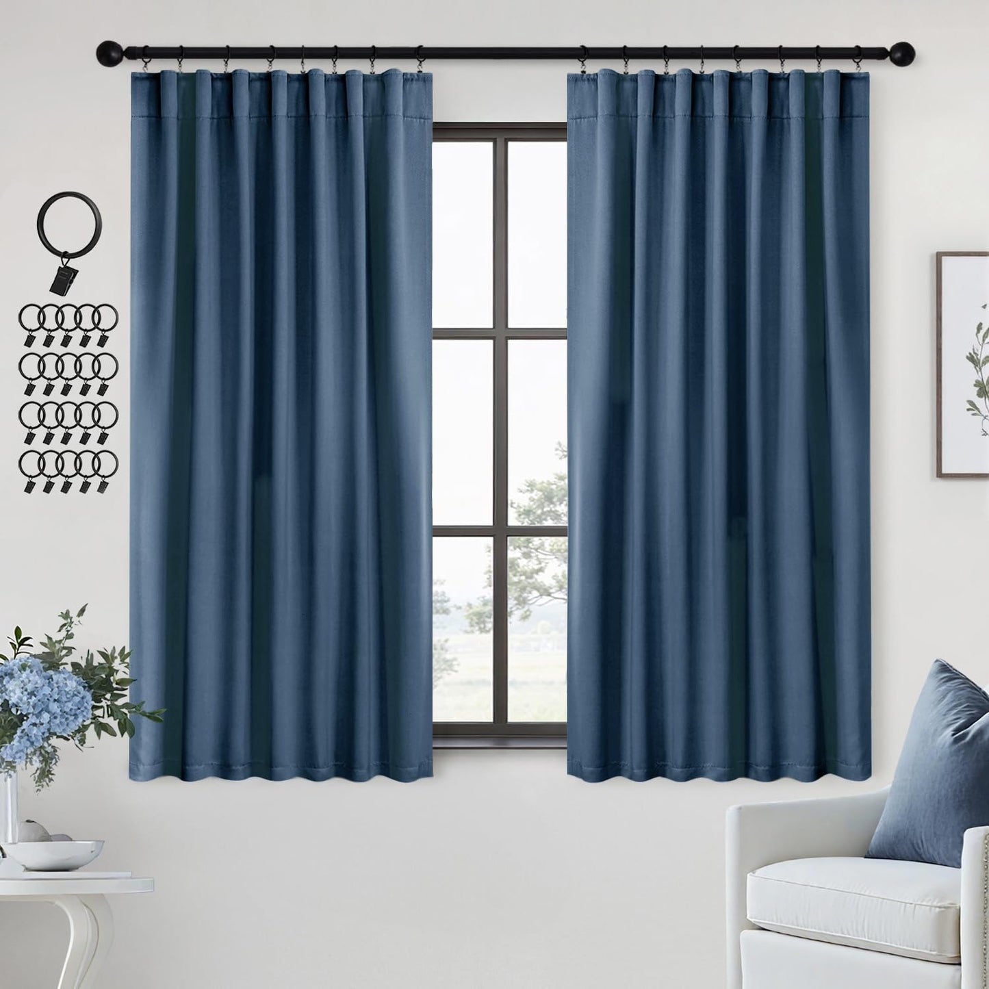 ANRODUO Back Tab Blackout Curtains for Bedroom Living Room, Rod Pocket Pinch Pleated Thermal Insulated Room Darkening Curtains 54 Inches Long 2 Panels, Stone Blue, 42 x 54 Inch