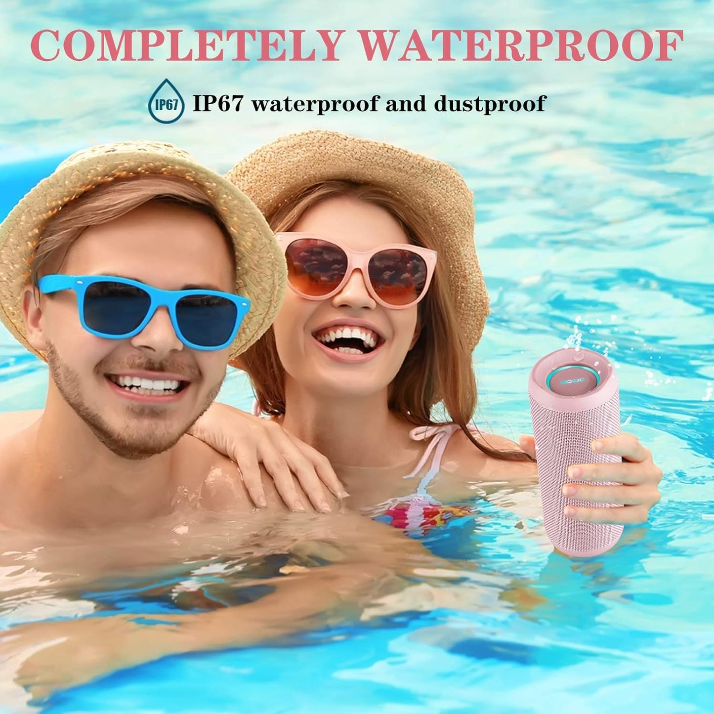 SOWO Outdoor Wireless Portable Bluetooth Speaker, IPX7 Waterproof Speaker, 25W Loud Sound, Bassboom Technology, TWS Pairing, 16H Playtime with Lights - Pink