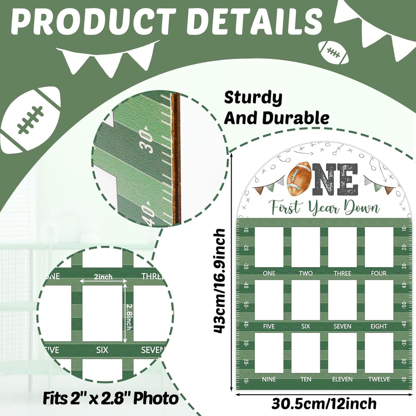 Football First Year Photo Board First Year Down Birthday Party Decorations Wooden Board 12 Monthly Milestone Picture Frame Sports 1st Birthday Photo Banner for Baby Boys Keepsake Gift Supply 2x2.8In