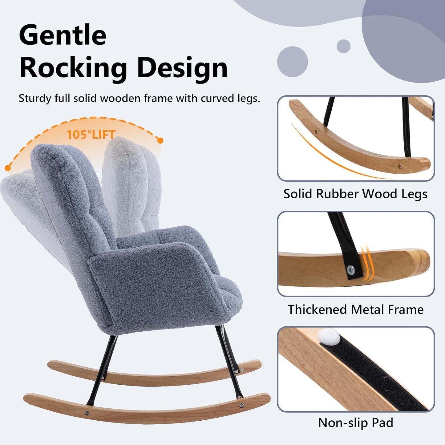 NIOIIKIT Nursery Rocking Chair Teddy Upholstered Glider Rocker Rocking Accent Chair Padded Seat with High Backrest Armchair Comfy Side Chair for Living Room Bedroom Offices (Light Blue)