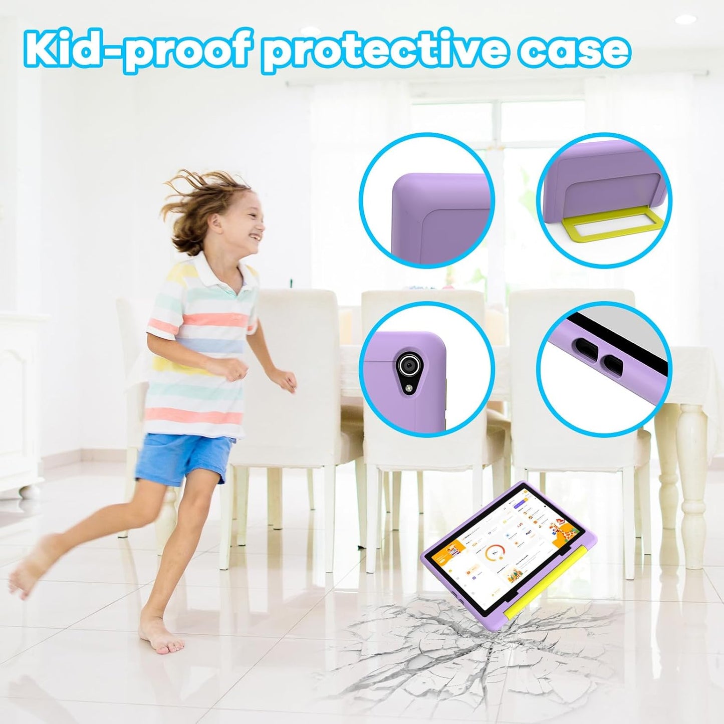 Kids Tablet｜Upgraded Android 14 Tablet 10 inch for Kids with Protective Case｜Octa-Core｜64GB｜1TB TF Card Expandable｜Dual Camera｜Parental Control｜Great Gift for Toddler(Purple)