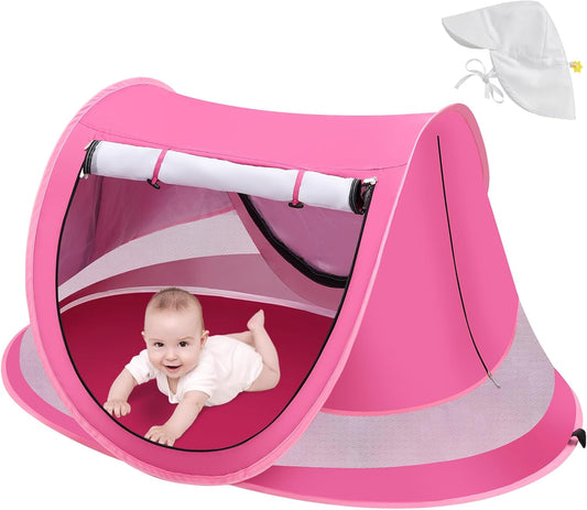 Baby Beach Tent with Baby Hat, Pop Up Toddler Travel Bed with Sun Hat for Boys or Girls, Sun Shade for Toddler Camping, Infant Portable Sun Shade, Summer Beach Baby