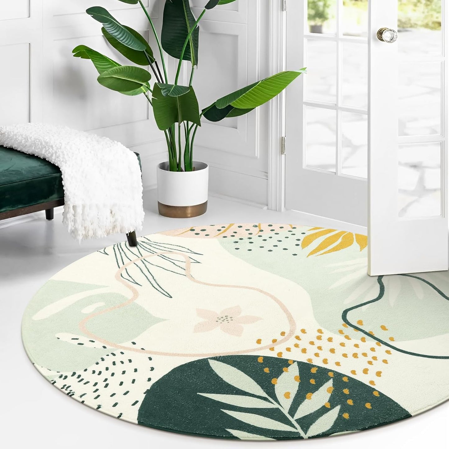 Lahome Green Round Area Rugs 5Ft - Washable Large Boho Round Rug for Living Room Non-Slip Throw Circle Rug for Dining Room Table,Soft Cute Botanical Print Floor Mat Carpet for Bedroom Office Bathroom