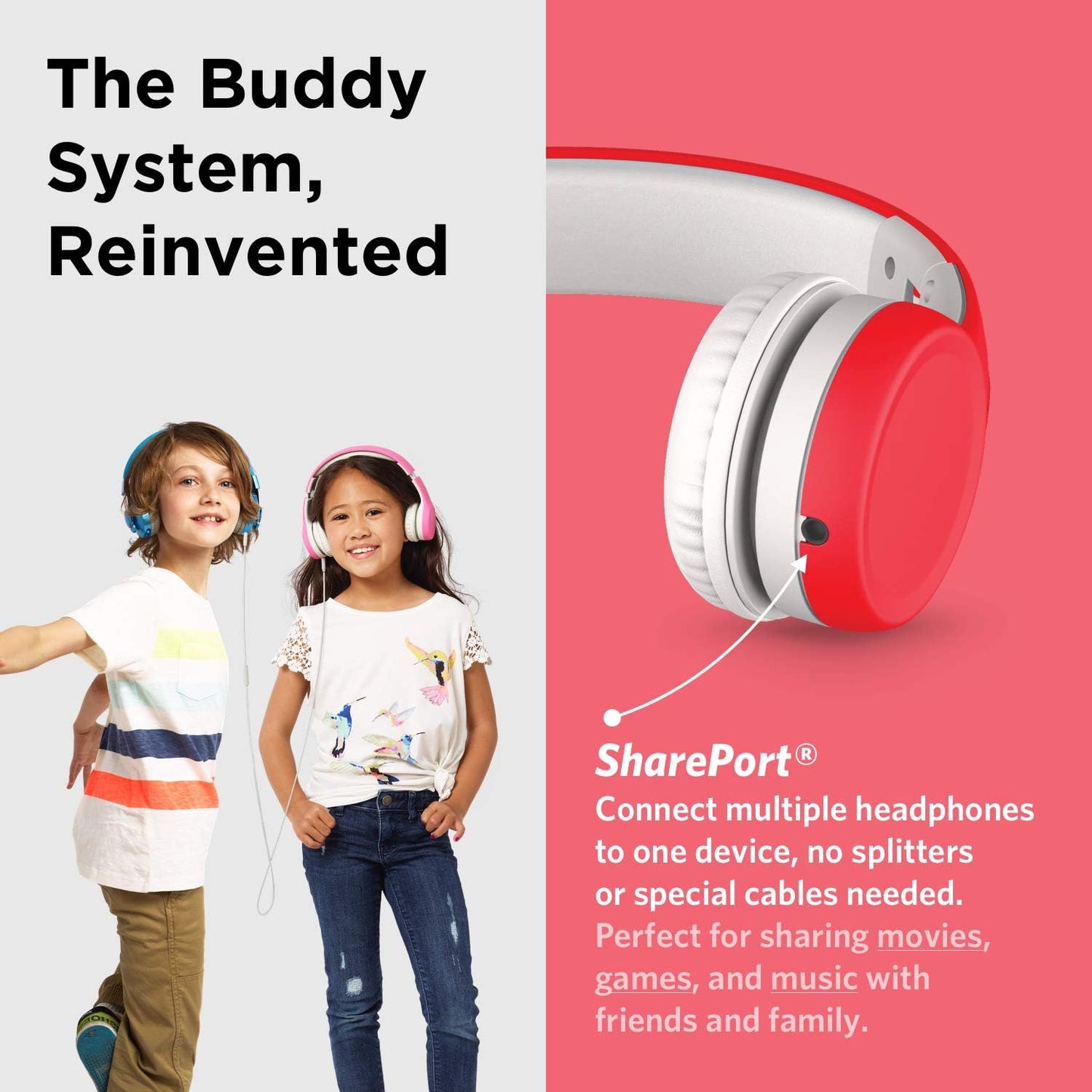 LilGadgets Connect+ Wired Kids Headphones for School with Mic, Volume Limited & Noise Reduction, On-Ear Headset with Cord, SharePort Technology for Multiple Kids & SoftTouch Padding, Red