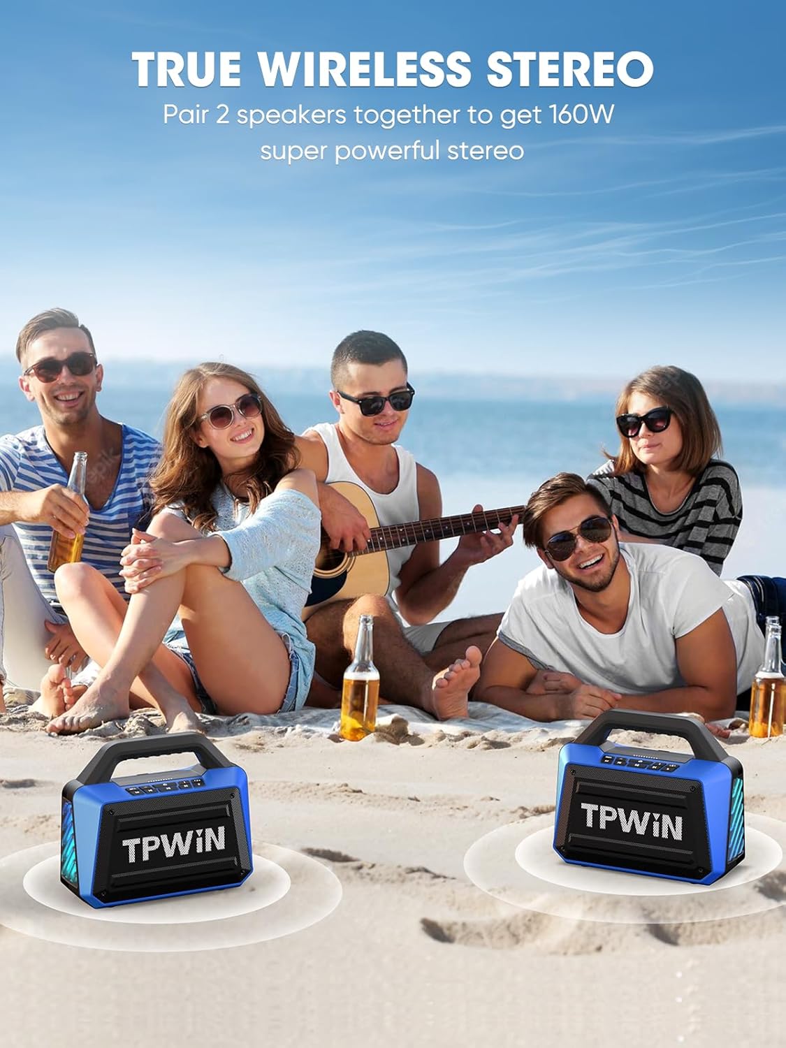 Portable Bluetooth Speakers Loud - Wireless Speaker 80W Peak, Light Show, 20H Playtime, Strong Bass, BT 5.3, TWS, IPX6 Waterproof for Outdoor Travel Beach Camping - Blue