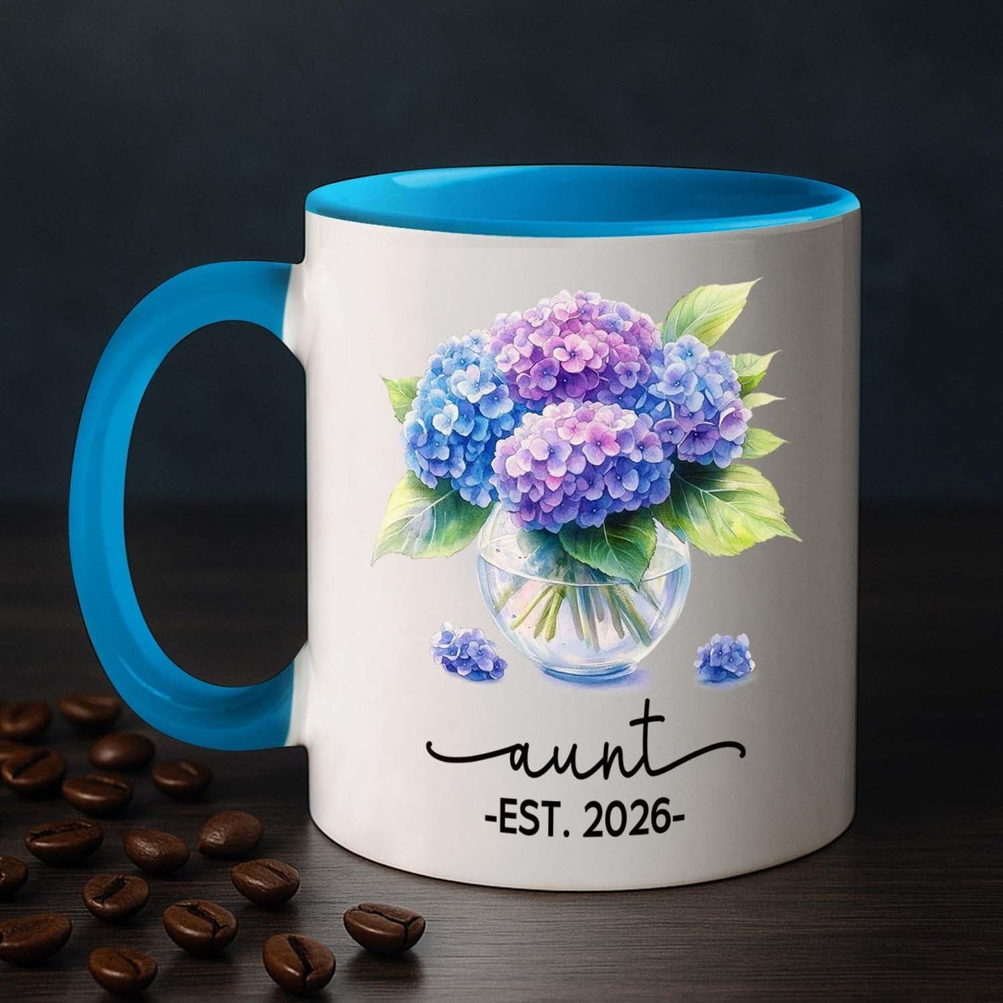 Personalized Year Name Aunt Coffee Mug Gift For Pregnancy Reveal Birthday, Customized Aunt EST 2026 Accent Cup, Hydrangea Auntie White Coffee Cup 11 15 Oz, Auntie to Be Mug Gift For Sister Besties
