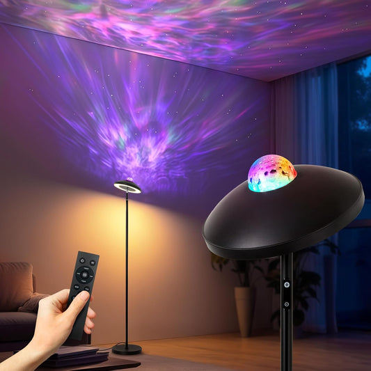 LED Floor Lamp with RGB Star Projector & Remote Control, Stepless Adjustable 3000-6000K Color, Dimmable 69" Tall Standing Lamp, 15W Black Modern Torchiere Corner Light for Living Room, Bedroom