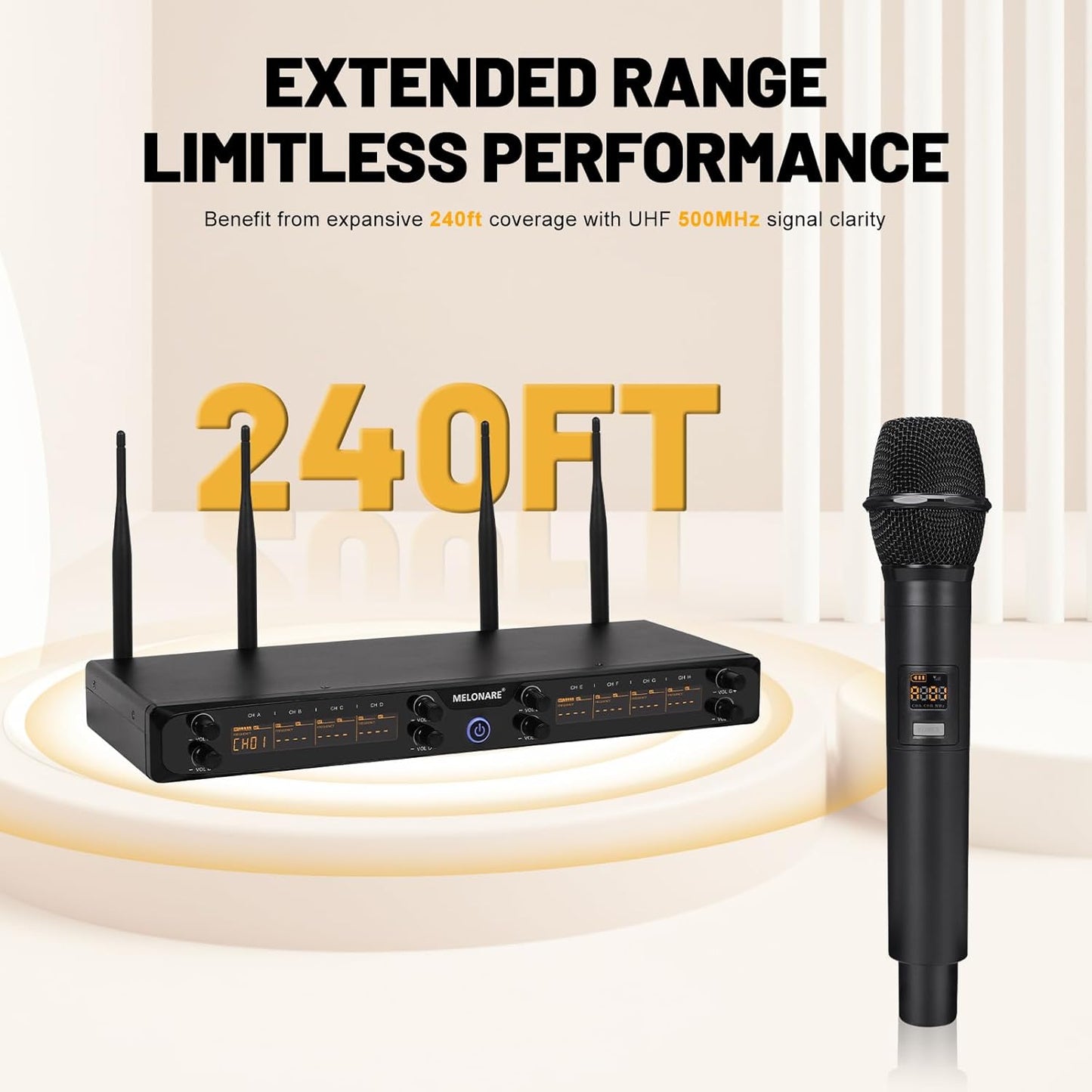 8-Channel Wireless Microphone System, UHF 500MHz Cordless Mic Set w/ 8x5 Frequencies, 240ft Range, Dynamic Handheld Microphone for Singing, Karaoke, Church, Meetings, Wedding (MWM-81F)