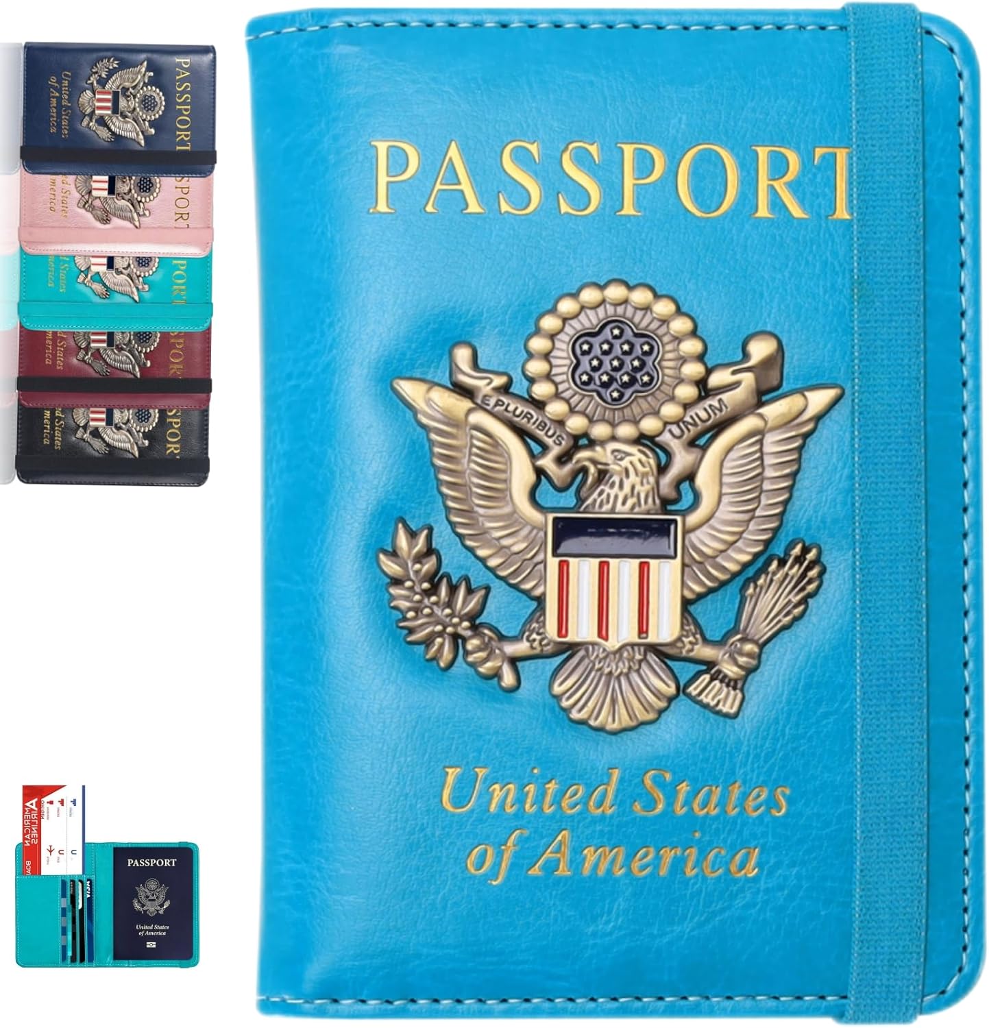 Passport Holder and Card Slot Combo RFID Blocking Leather Family Travel Passport Wallet Travel Accessories for Men Women(Light blue)