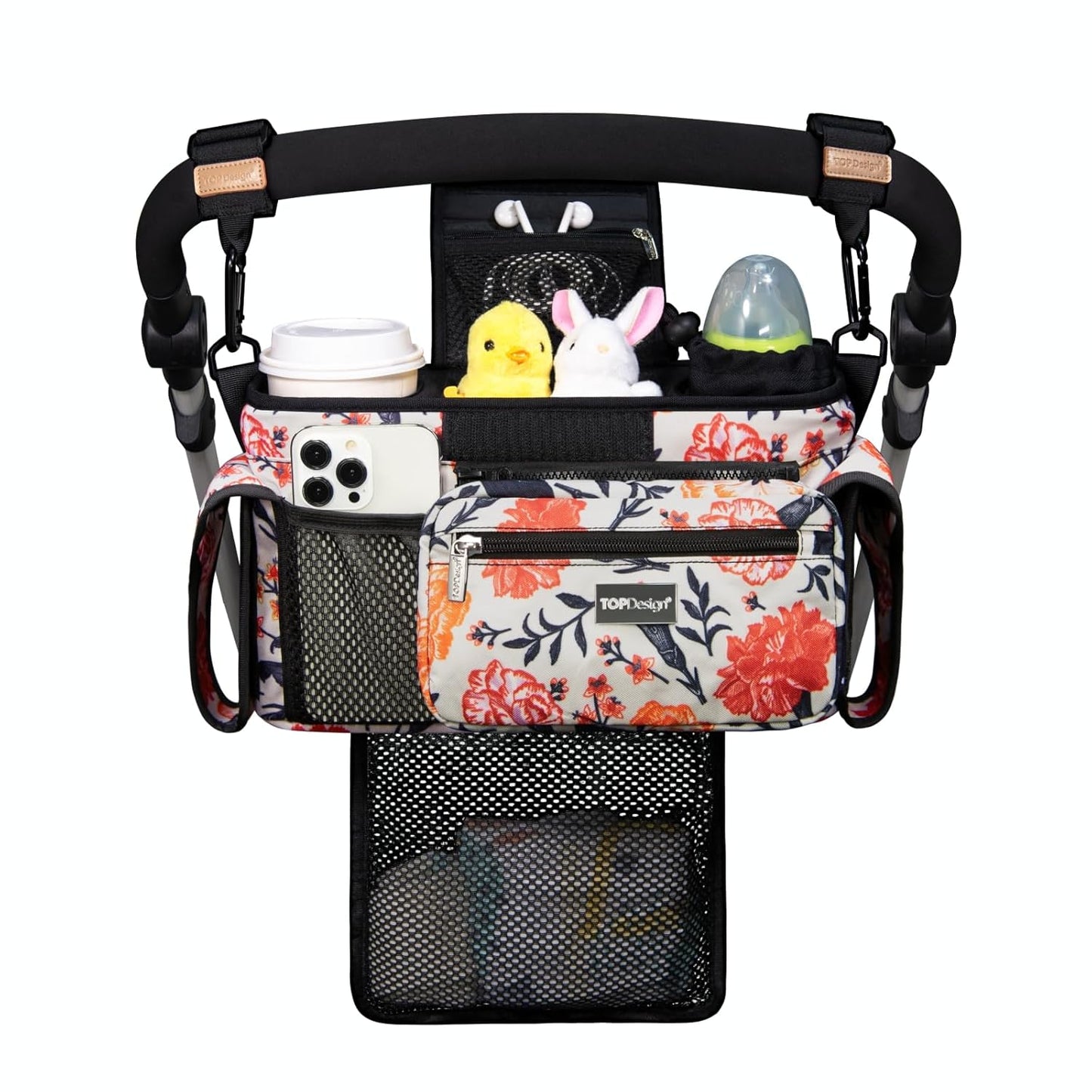 TOPDesign Universal Baby Stroller Organizer, Stroller Caddy with Detachable Mesh Bag & Heightened Insulated Cup Holders & Non-Slip Secure Hooks Accessories, Fits Most Strollers (Trumpet Vine)