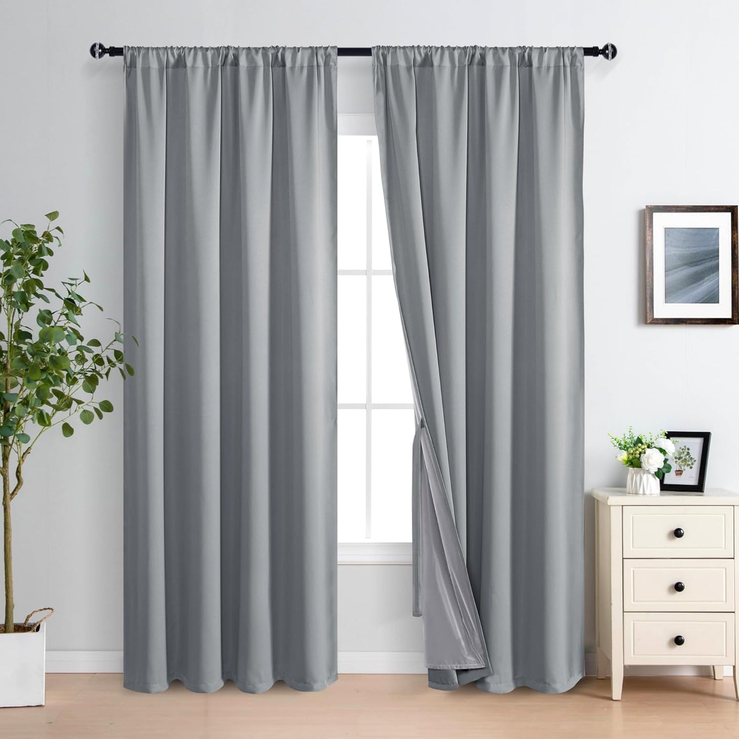 XWZO Blackout Curtains 84 Inches Long with Tiebacks- Rod Pocket Full Light Blocking & Energy Efficiency Extra Wide Window Draperies with Black Liner for Bedroom, Grey, W60 x L84, Set of 2
