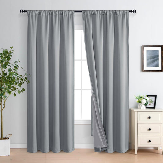 XWZO Blackout Curtains 84 Inches Long with Tiebacks- Rod Pocket Full Light Blocking & Energy Efficiency Extra Wide Window Draperies with Black Liner for Bedroom, Grey, W60 x L84, Set of 2