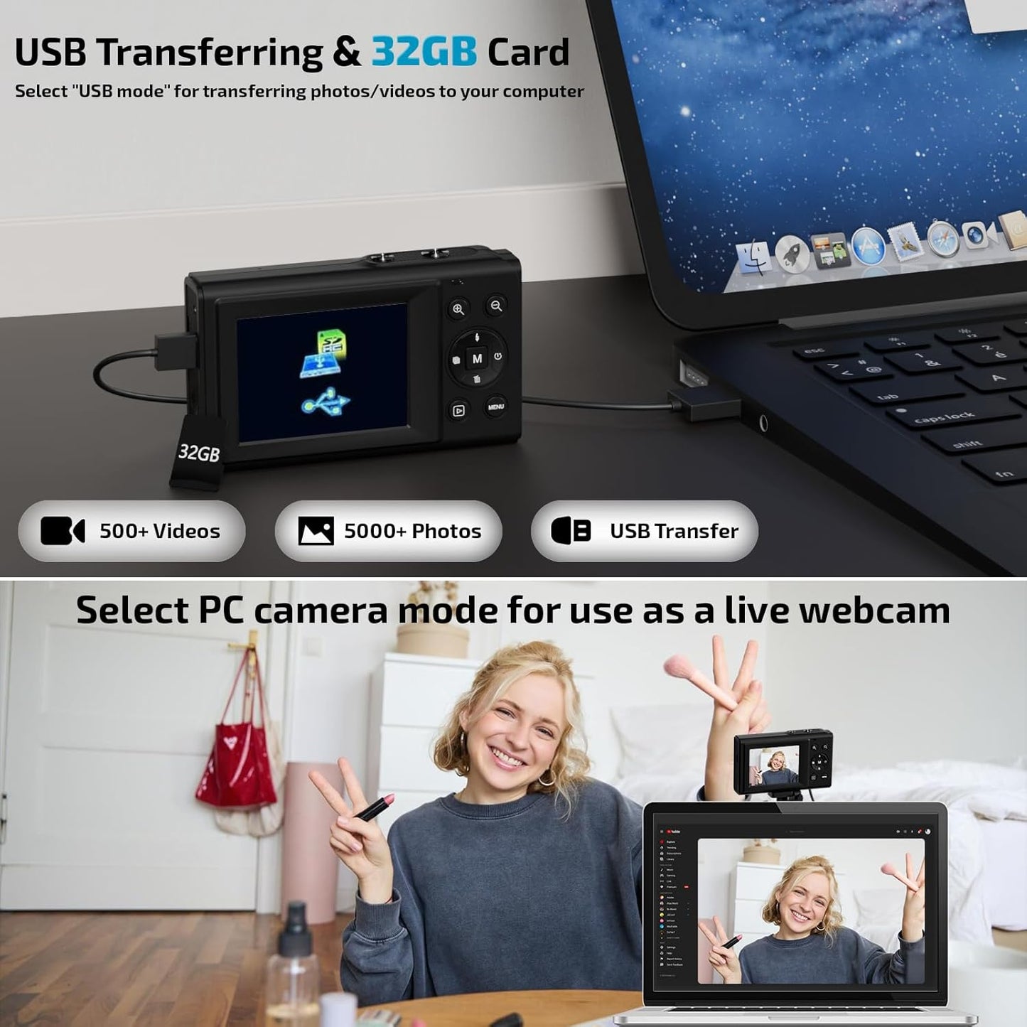 Upgrade Digital Camera, FHD 4K 44MP Autofocus Digital Point and Shoot Video Camera with 16X Zoom, 32GB SD Card, Compact Digital Camera Cheap for Teens Boys Girls Kids Black Camera