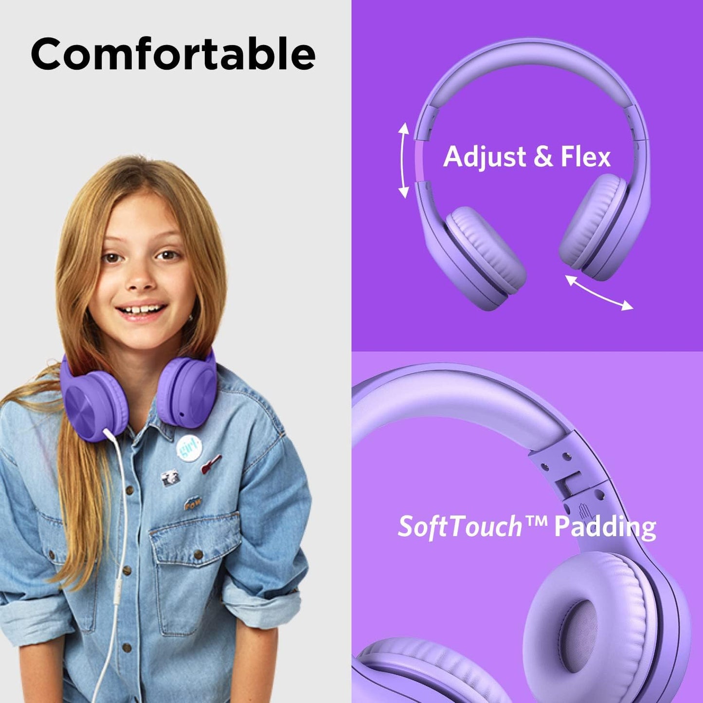 LilGadgets Connect+ Pro Wired Kids Headphones for School w/Microphone, Volume Limiting, Noise Reducing Over-Ear Headset w/Cord, SharePort Technology & SoftTouch Padding, Purple Headphones for Kids