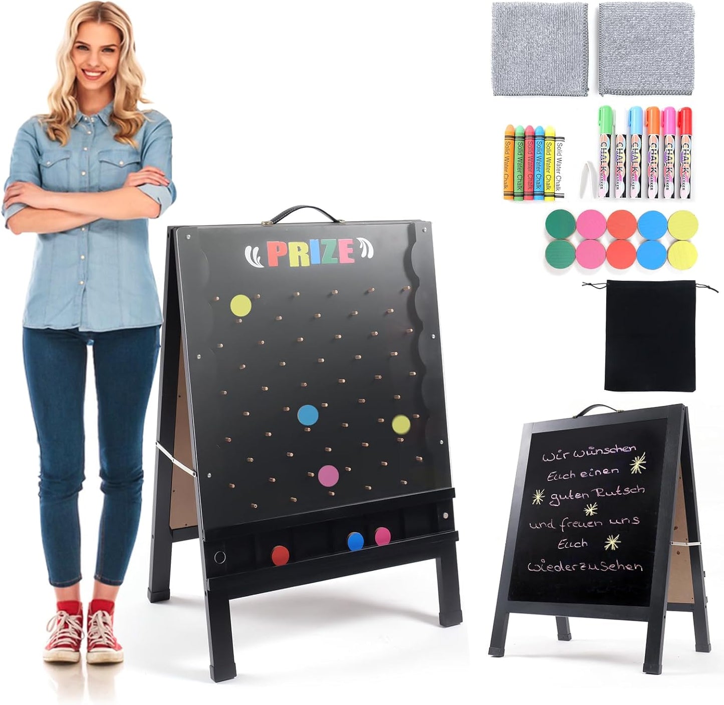 Prize Drop Game Board, 21"x30" Double-Sided Foldable Design with Wooden A-Frame Chalkboard Sign for Family, Carnival, Trade Show & Party - Includes 10 Coin Drop Discs and Chalk Set, Portable Design
