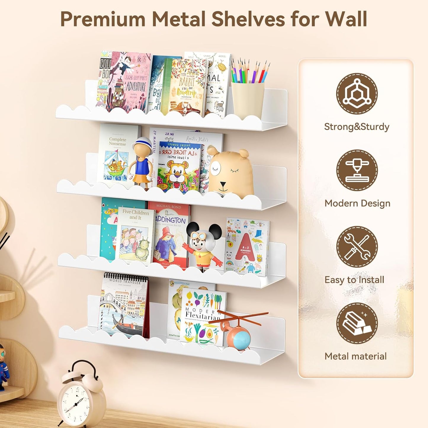 Nursery Book Shelves, 17 Inch White Metal Floating Shelves for Wall 4 Pack, Wall Mounted Book Shelf for Kids Room, Bedroom, Bathroom, Playroom Decor