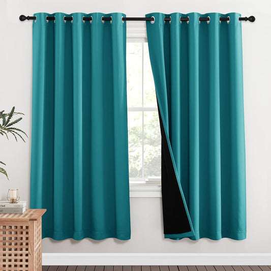 NICETOWN 100% Blackout Window Curtain Panels, Full Light Blocking Drapes with Black Liner for Nursery, 72-inch Drop Thermal Insulated Draperies (Peacock Teal, 2 Pieces, 62-inch Wide Per Panel)