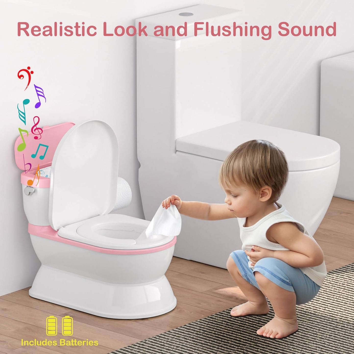 2-in-1 Toddler Potty Training Toilet - Larger Potty Chair & Detachable Training Seat for Boys & Girls Ages 1-3 with Flushing Sound, Wipes Storage, Toilet Paper Holder - Pink