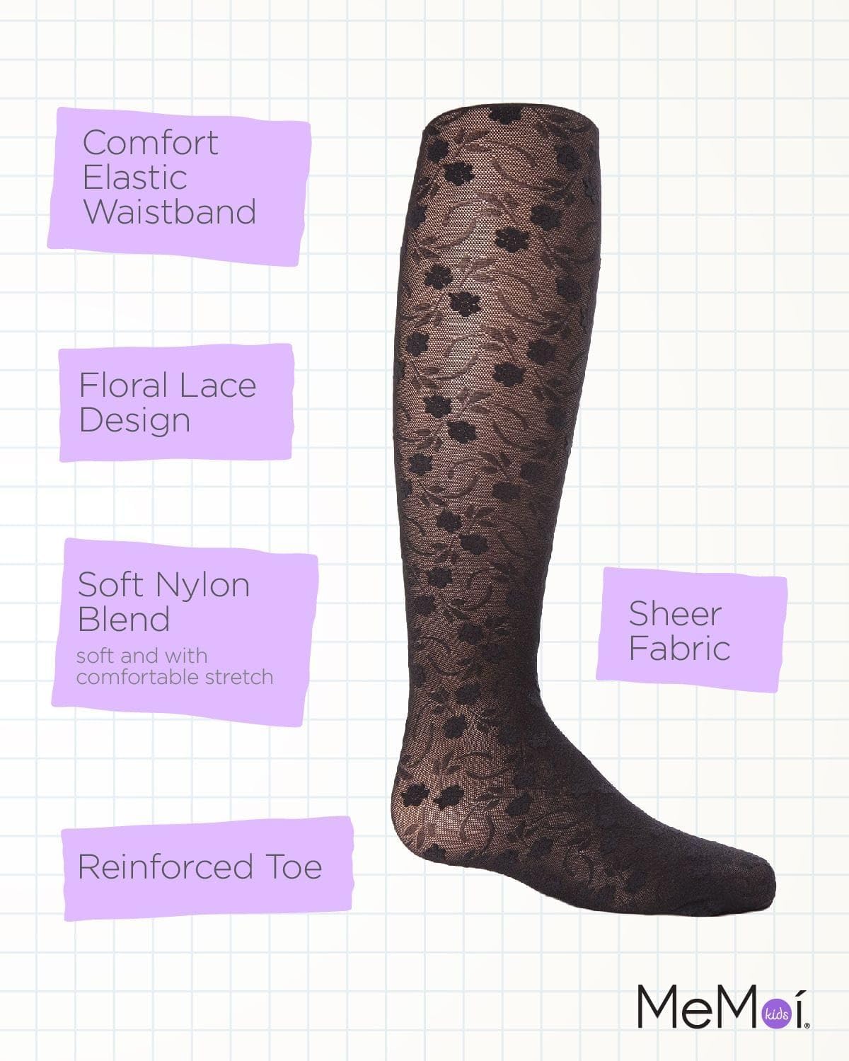 MeMoi Sweet Blossoms Sheer Tights for Girls, Ultra Soft and Lightweight Floral Lace Girls Tights - Sizes 2-14