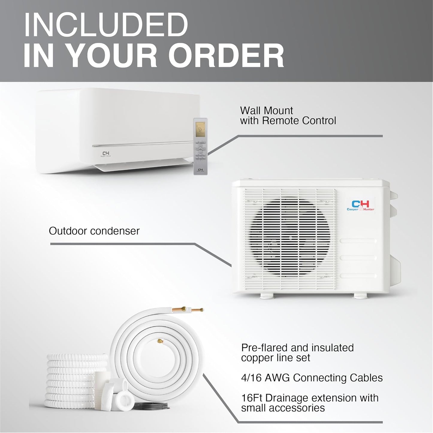 Cooper & Hunter 9,000 BTU 230V Single Zone Wall Mount Ductless Mini Split Air Conditioner & Heat Pump – 21.3 SEER2 – 16FT Installation Kit – Refrigerant Pre-Charged – Inverter