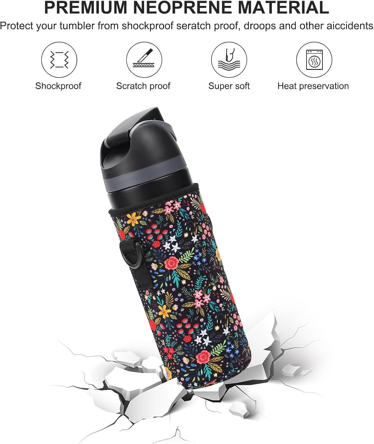 Neoprene Water Bottle Carrier Bag with Adjustable Shoulder Strap for Owala 24 OZ Tumbler, Insulated Water Bottle Cover for Owala FreeSip Insulated Water Bottle (Little Flower, 24 OZ)