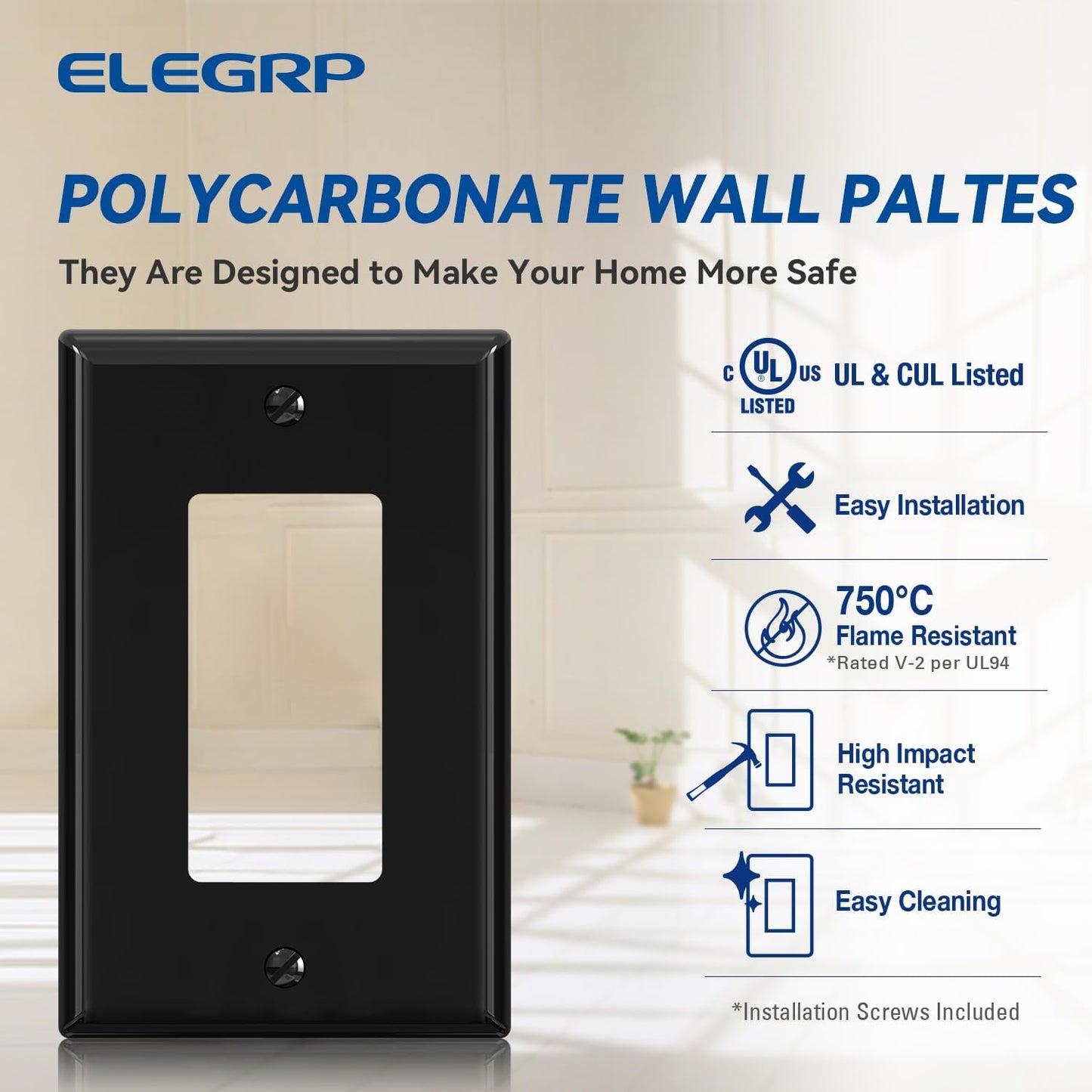 ELEGRP Decorative Receptacle Wall Plate, 1-Gang Mid Size Decorator Covers, Unbreakable Polycarbonate Faceplates for Decorator Device, UL Listed, Screws Included (2 Pack, Glossy Black)