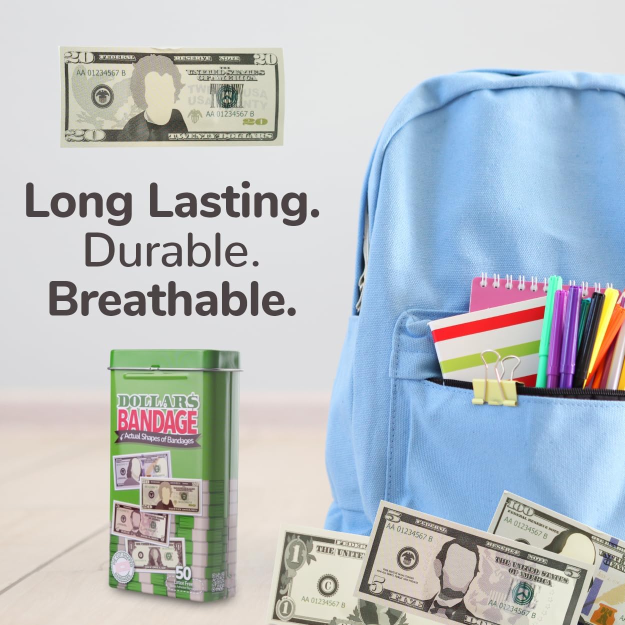 BioSwiss Bandages, Money Shaped Self Adhesive Bandage, Latex Free Sterile Wound Care, Fun First Aid Kit Supplies for Kids, 50 Count