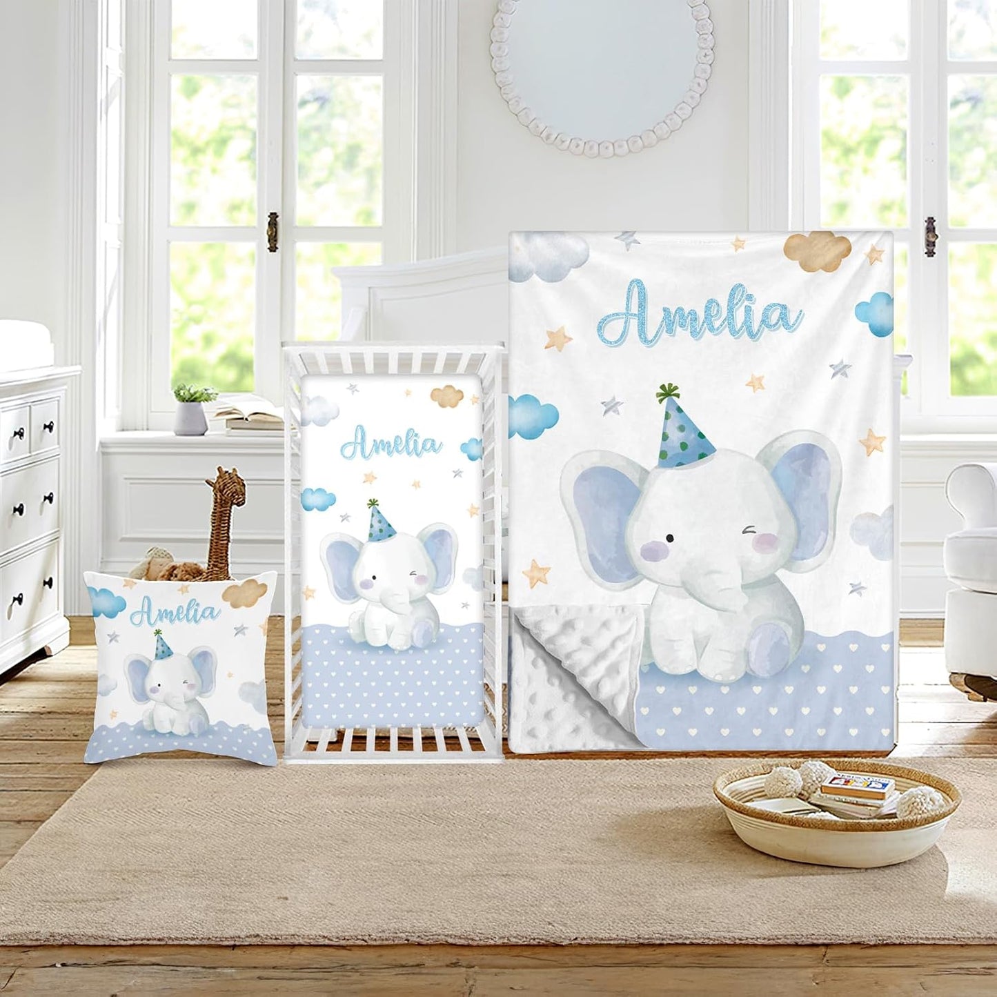 Custom Crib Bedding Set - Elephant Design Personalized Name Baby Nursery Bed 3 Pcs Set - Chic Soft Blanket with Dotted Backing, Sheet, Pillowcase for Newborn Girls Boys Gifts Color18