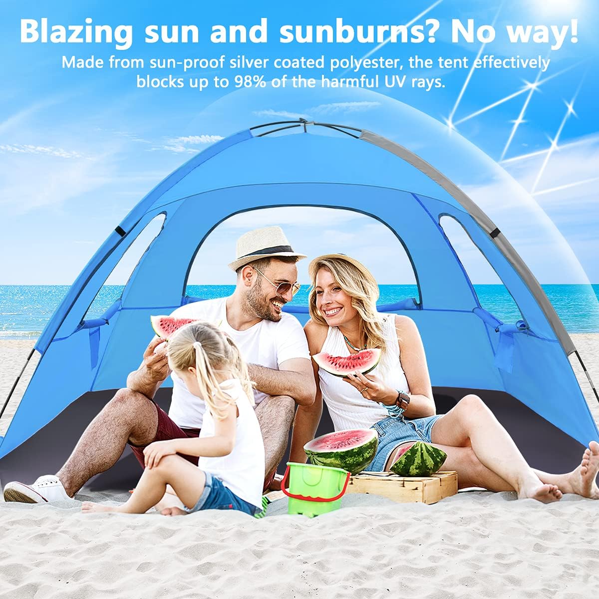 NXONE Beach Tent Sun Shade Shelter for 3/4/6 Person Person with UV Protection, Extended Floor, 3 Mesh Roll Up Windows & 8.0/8.5mm Fiberglass Rods丨Carry Bag Included